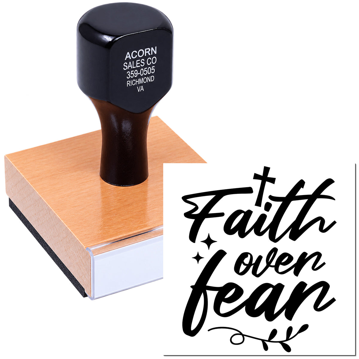 Faith over fear custom rubber stamp with decorative Christian script for religious crafts, cards, and paper stamping