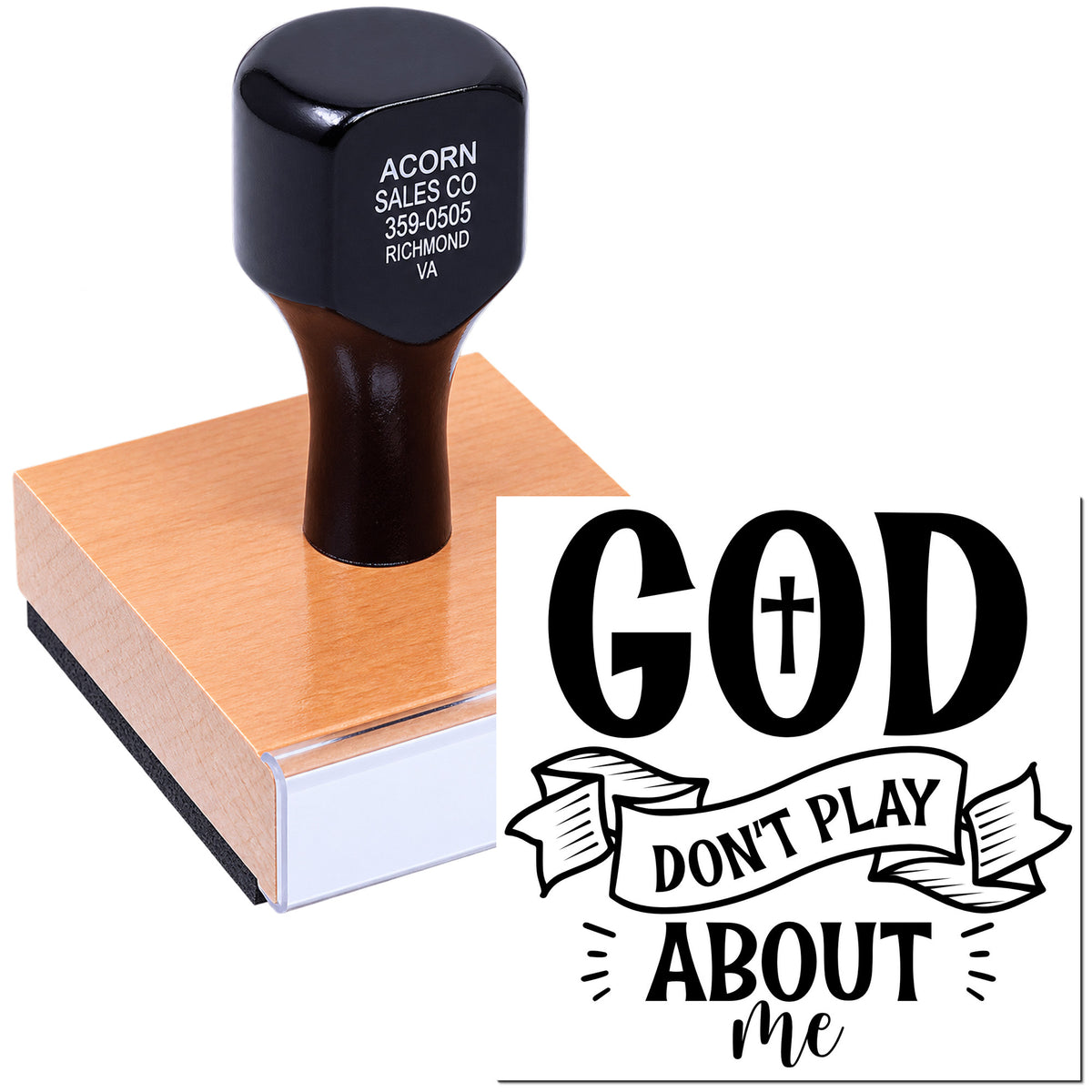 Custom rubber stamp with God Dont Play About Me design, ideal for faith-based crafts, branding, and handmade packaging.