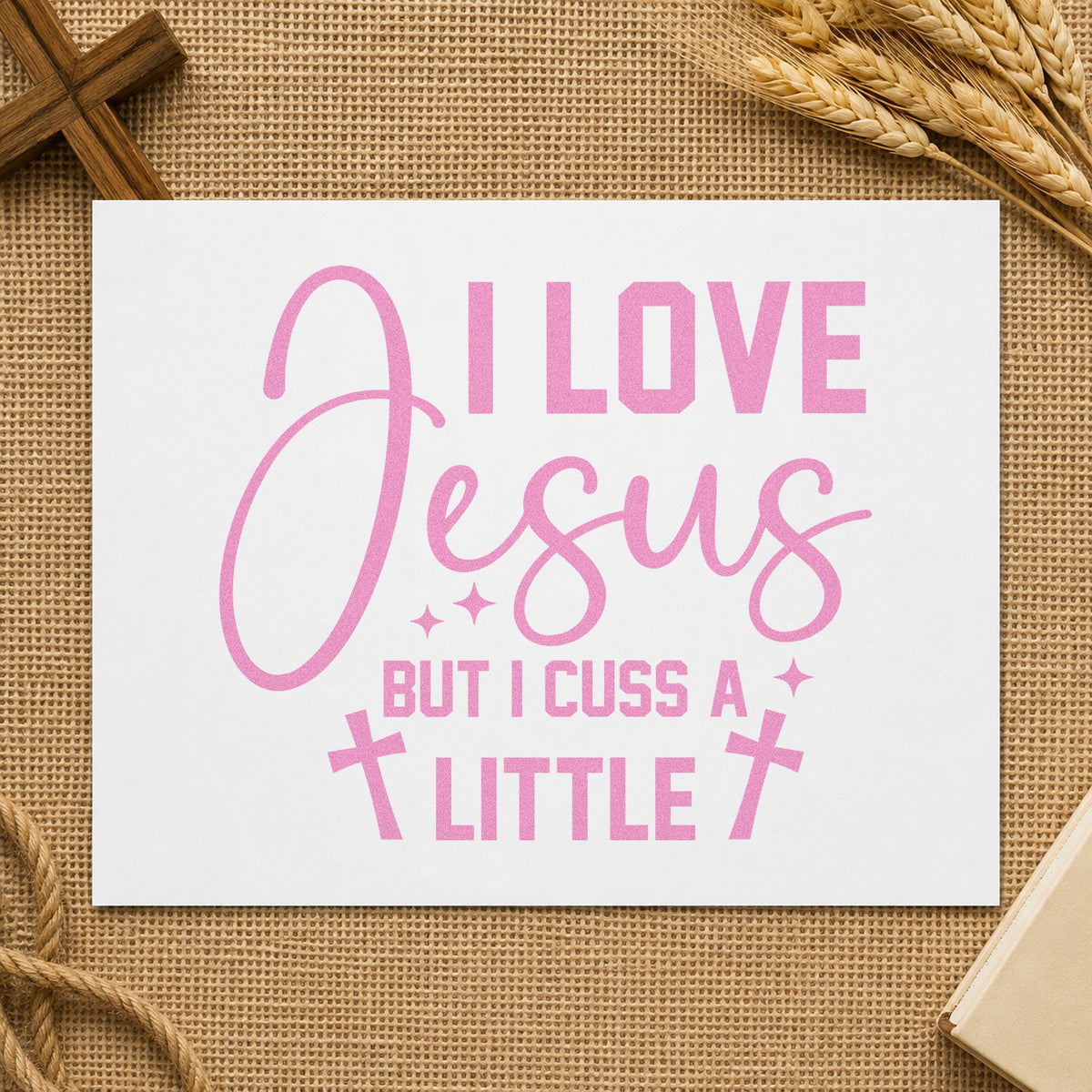 I Love Jesus but Cuss craft stamp in purple ink on cardstock, an easy option for birthday gift tags.