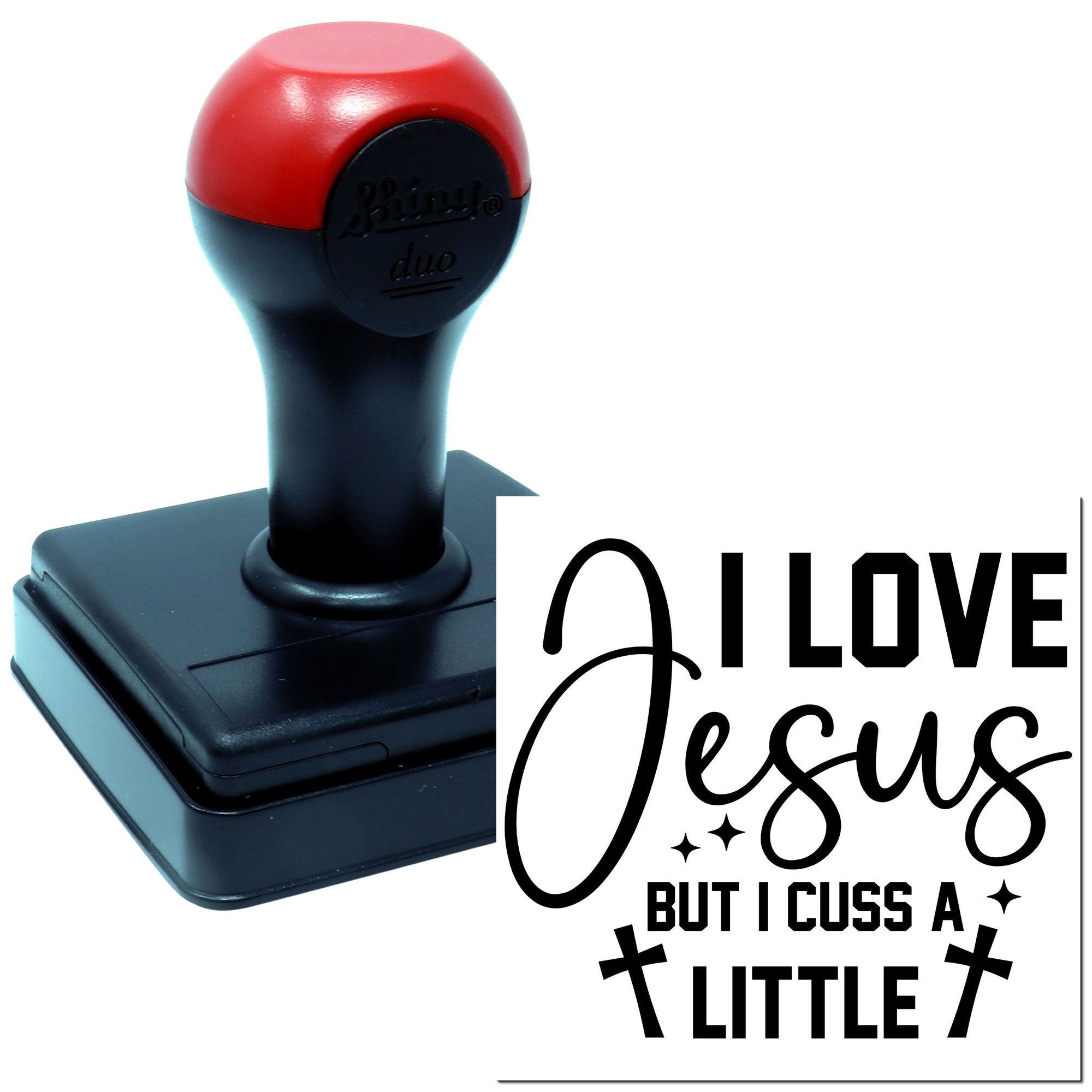 Self-inking rubber stamp with I Love Jesus but I Cuss a Little text, a Christian humor custom stamp design.