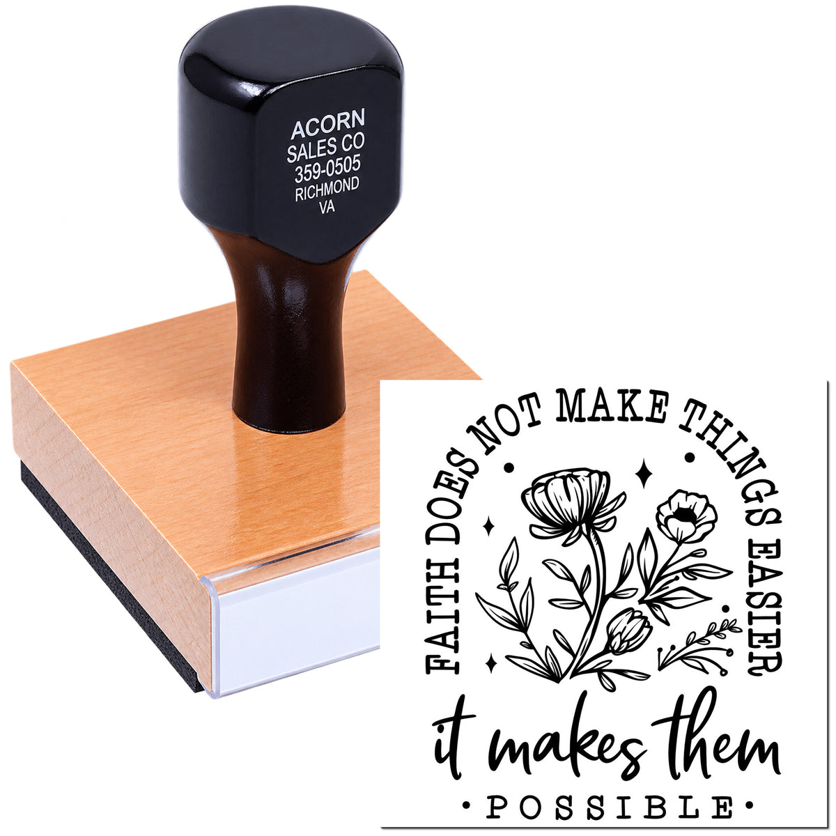 Custom rubber stamp with floral inspirational quote design for handmade packaging, craft branding, and stationery.