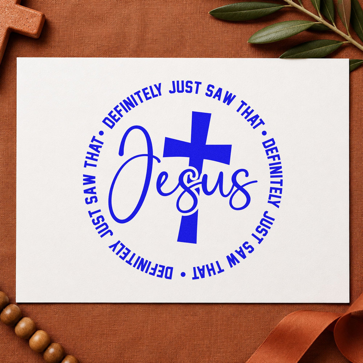 Jesus Definitely Saw That craft stamp imprinted in blue ink on paper, a design suited to cookie jar labels.