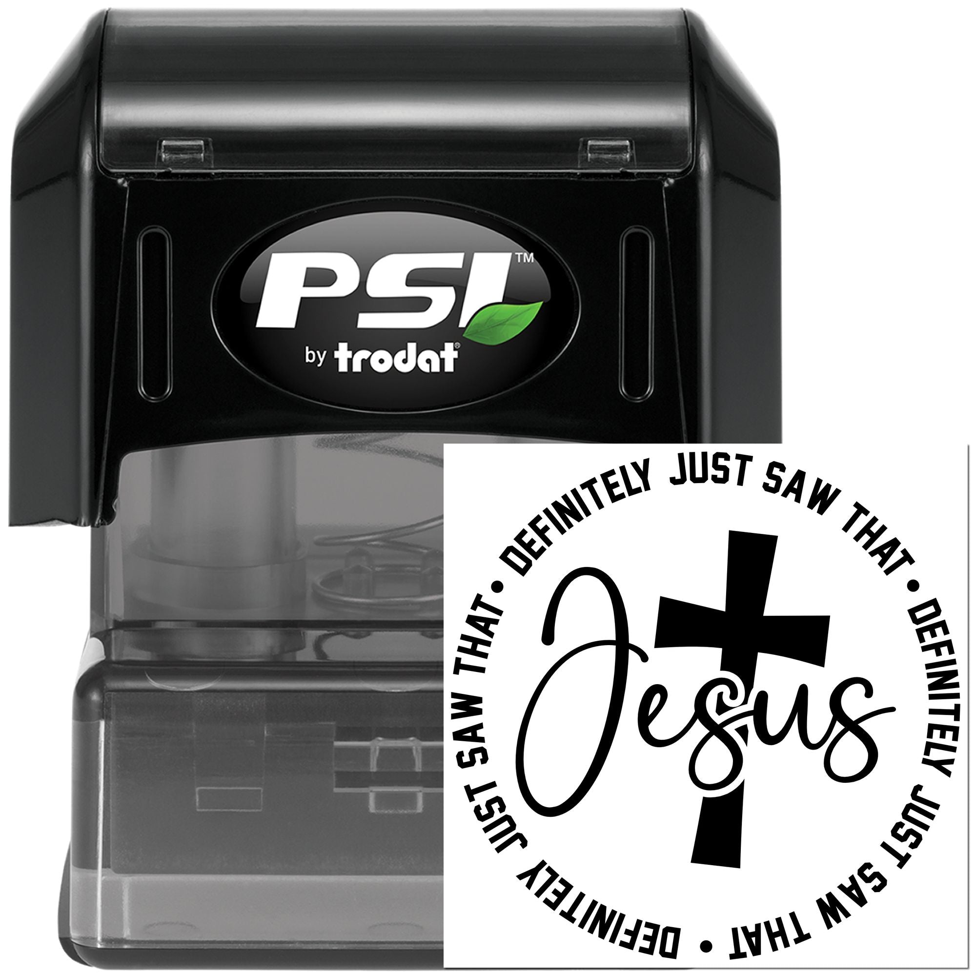 PSI by Trodat self-inking rubber stamp with round Jesus Christian message design