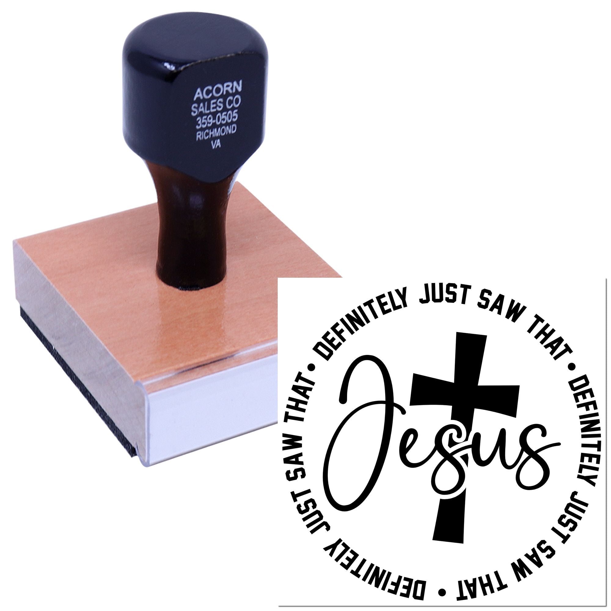 Christian rubber stamp with Jesus cross design and faith quote imprint for church crafts and stationery.