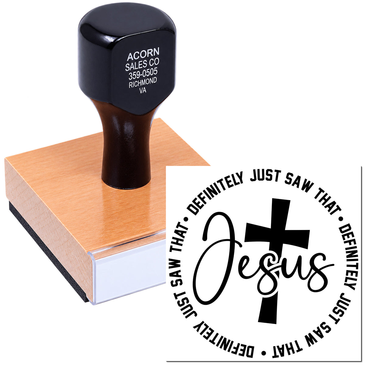 Christian rubber stamp with Jesus cross design and faith quote imprint for church crafts and stationery.