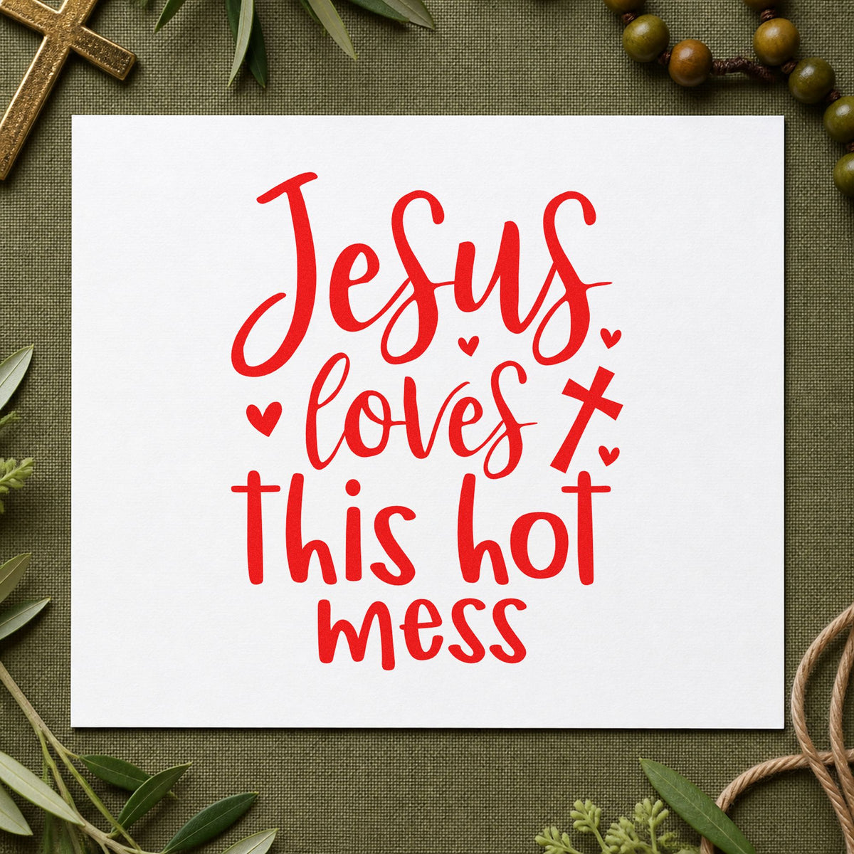 Jesus Loves This Hot Mess rubber stamp shown in red ink, stamped for projects such as coffee mug tags.