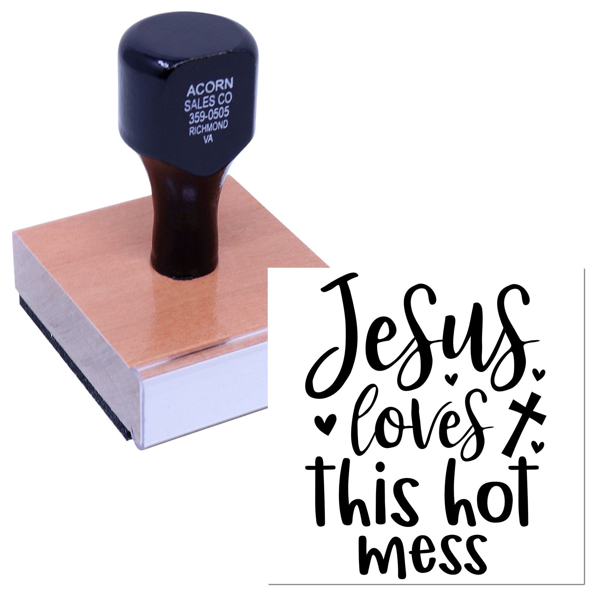 Christian custom rubber stamp reading Jesus loves this hot mess with hearts and cross for faith-based crafts.