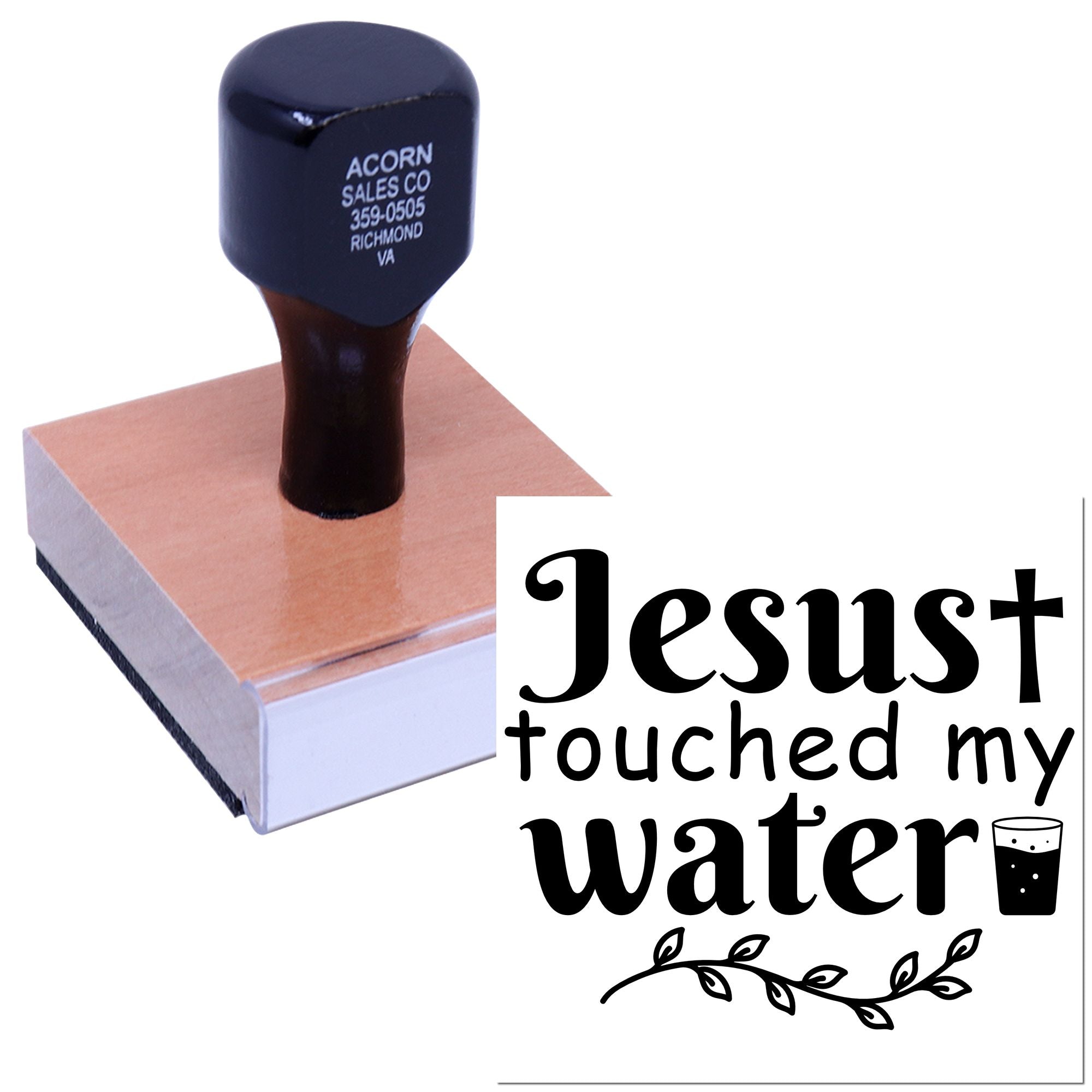 Custom rubber stamp for faith-based tumblers and water bottles with Jesus touched my water design.