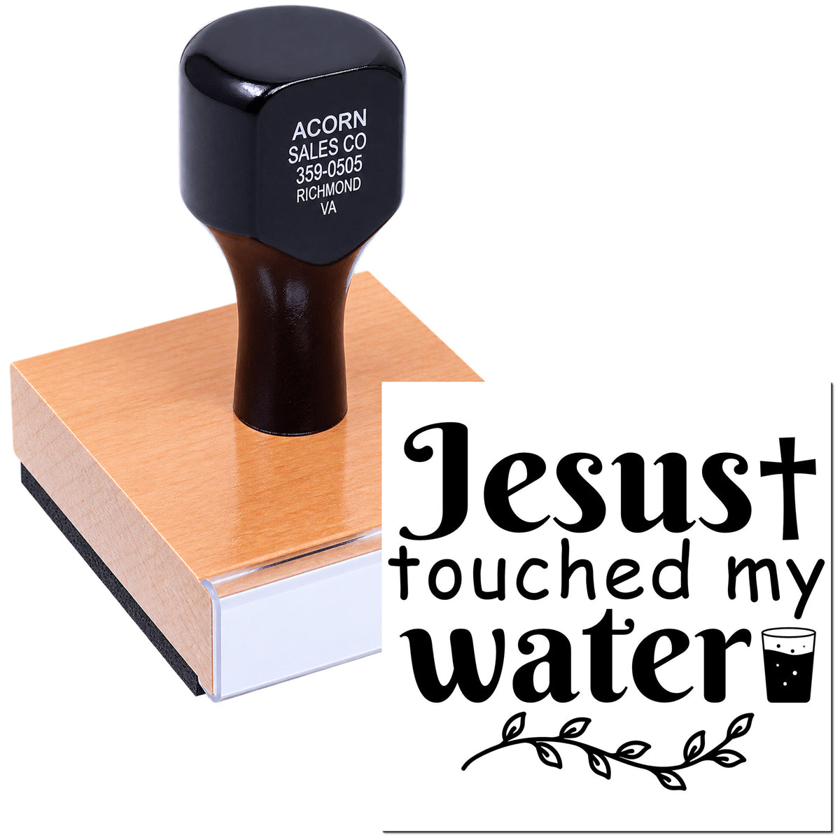 Custom rubber stamp for faith-based tumblers and water bottles with Jesus touched my water design.