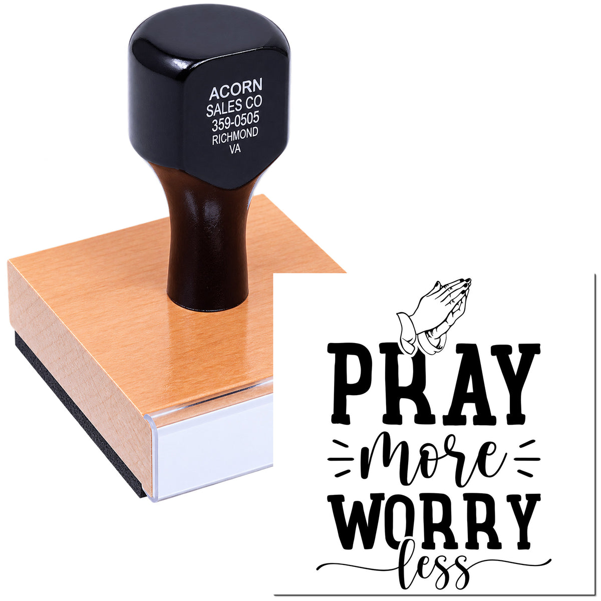 Custom rubber stamp with Pray More Worry Less design for faith-based crafts, church gifts, and inspirational paper projects.