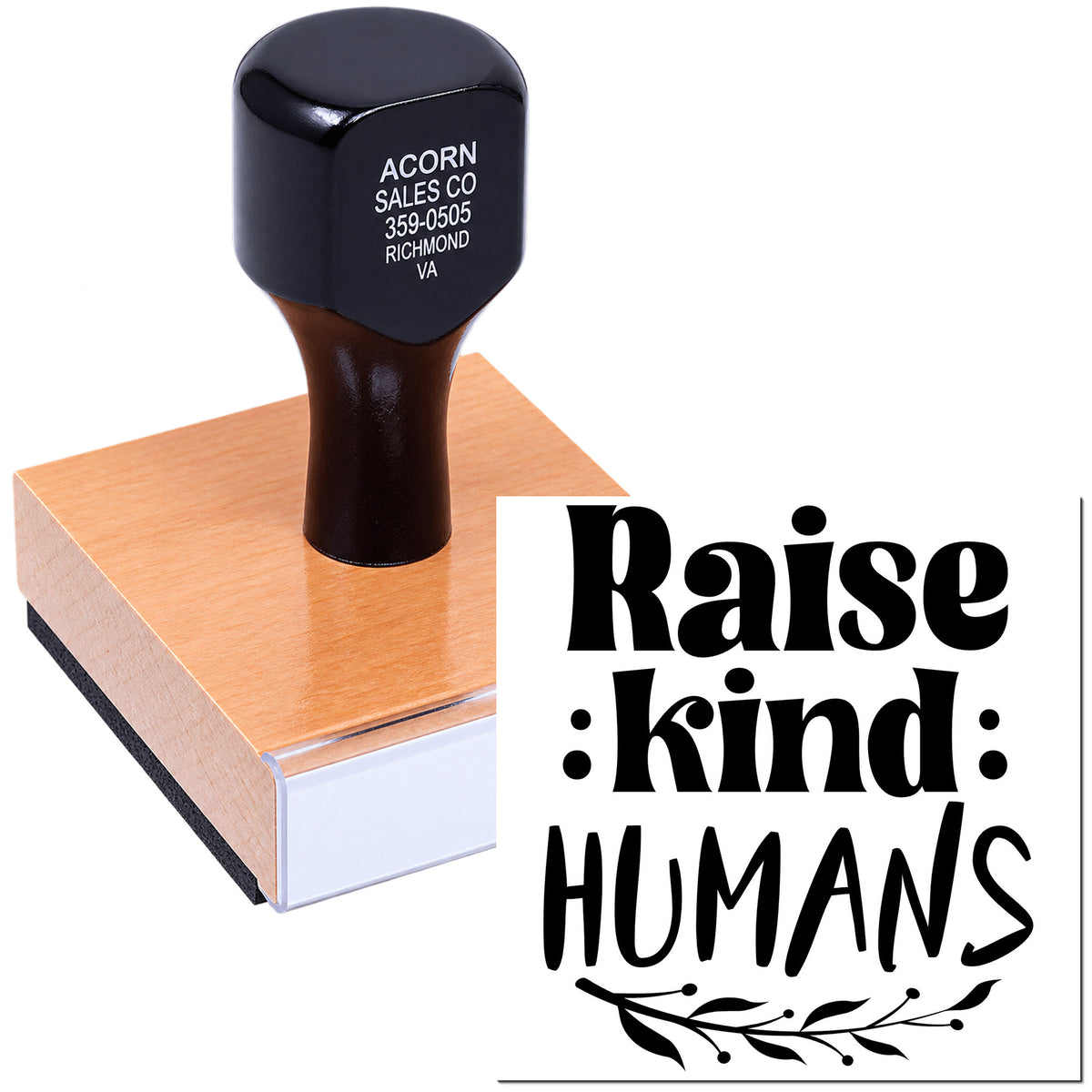 Custom rubber stamp with Raise Kind Humans design for teachers, classrooms, and craft projects.