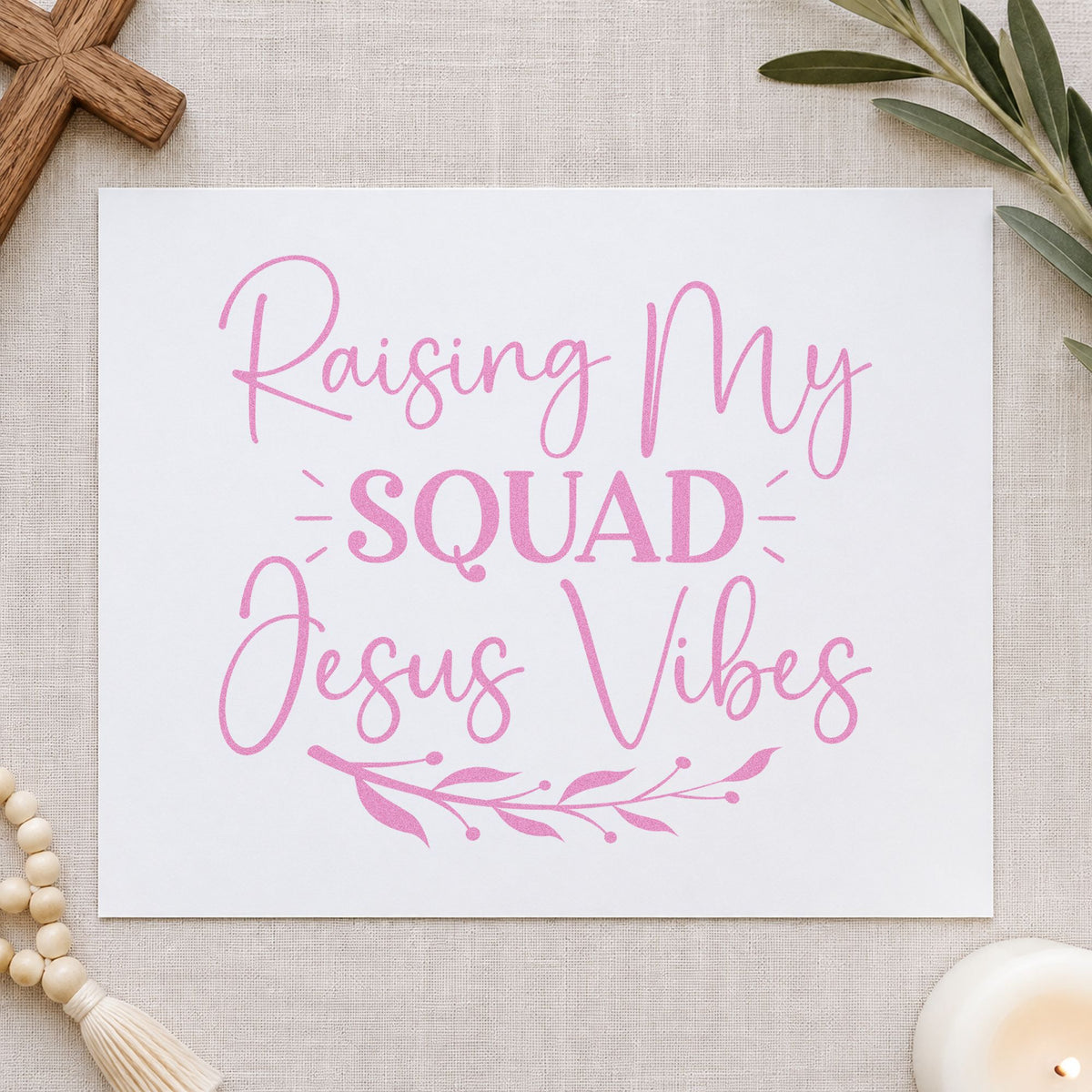 Raising My Squad Jesus Vibes craft stamp in purple ink on cardstock, an easy option for mother's day gifts.