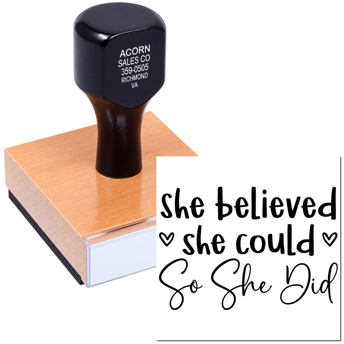 Custom rubber stamp with inspirational quote She believed she could so she did for DIY cards, journaling, and crafts.