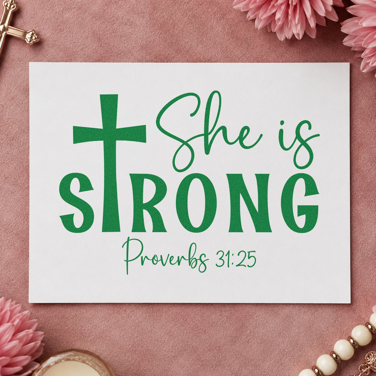 She Is Strong Cross craft stamp imprint in green ink on a handmade project, one idea being survivor gift tags.
