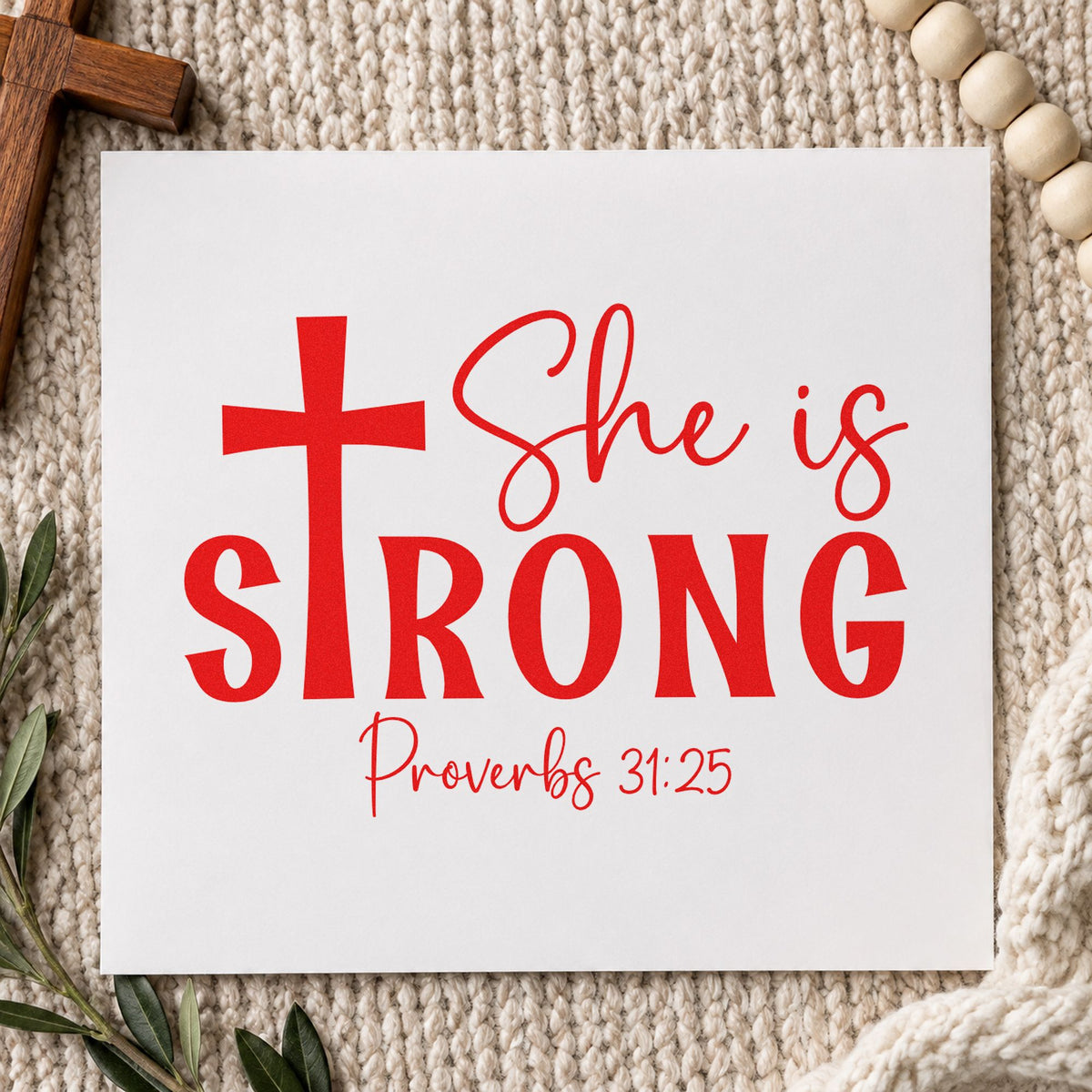 She Is Strong Cross rubber stamp shown in red ink, stamped for projects such as single mom notes.