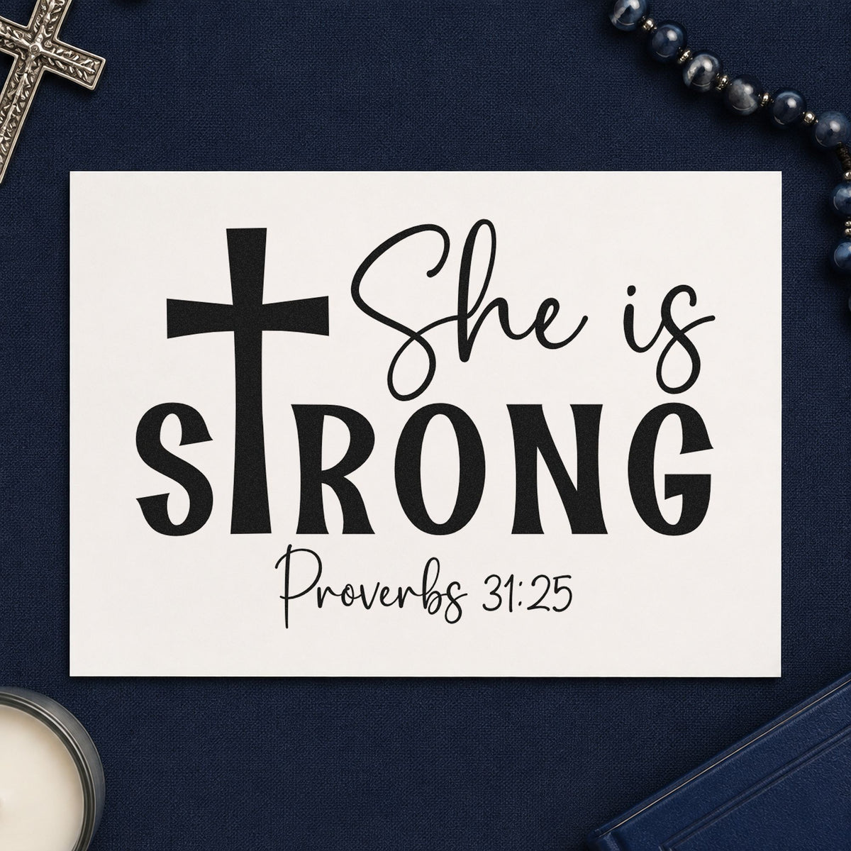 She Is Strong Cross rubber stamp printed in black ink, ready for cross strength cards and similar paper crafts.