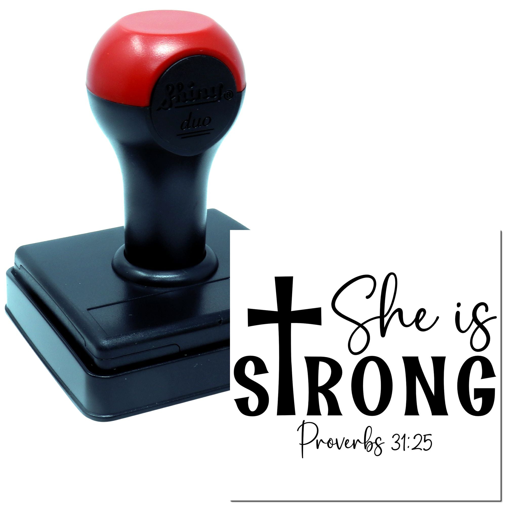 Self-inking Christian rubber stamp with She is strong Proverbs 31:25 design for faith-based crafts and gifts.