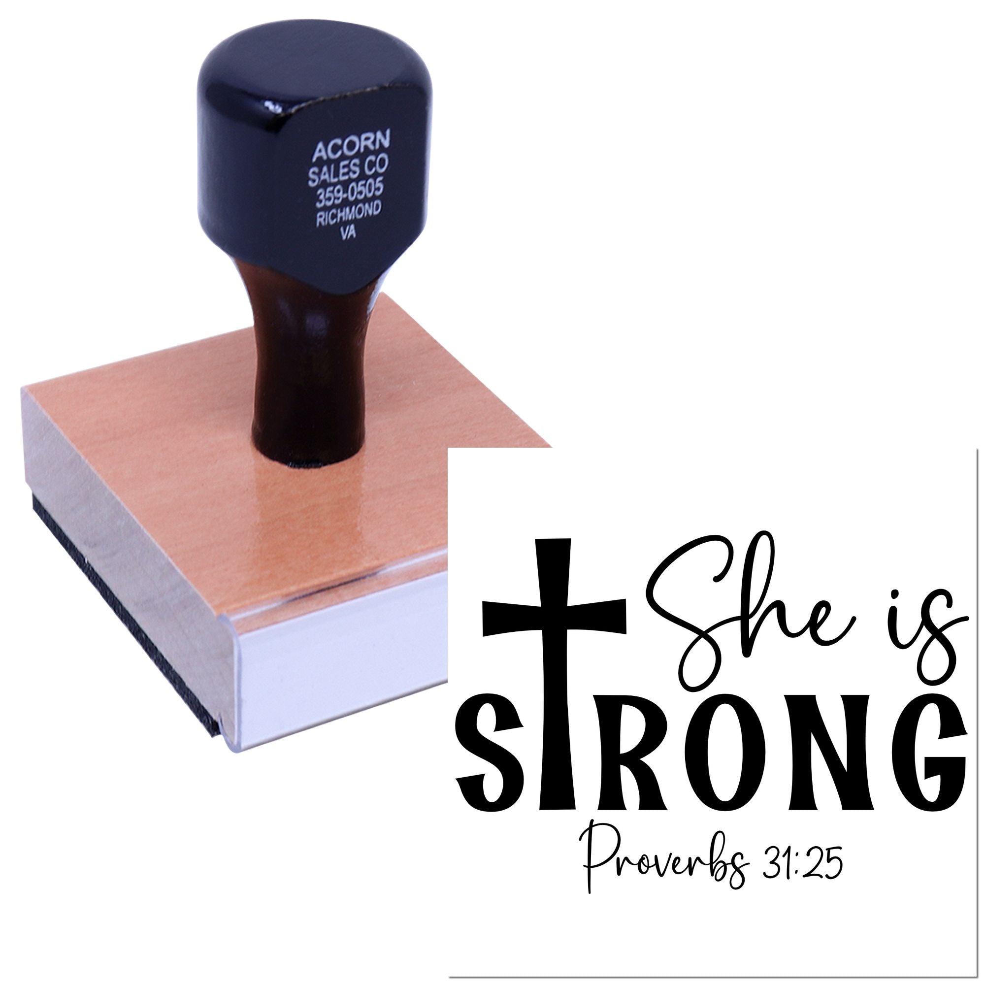 Faith-based custom rubber stamp with She is Strong Proverbs 31:25 design for Christian crafts and cards.