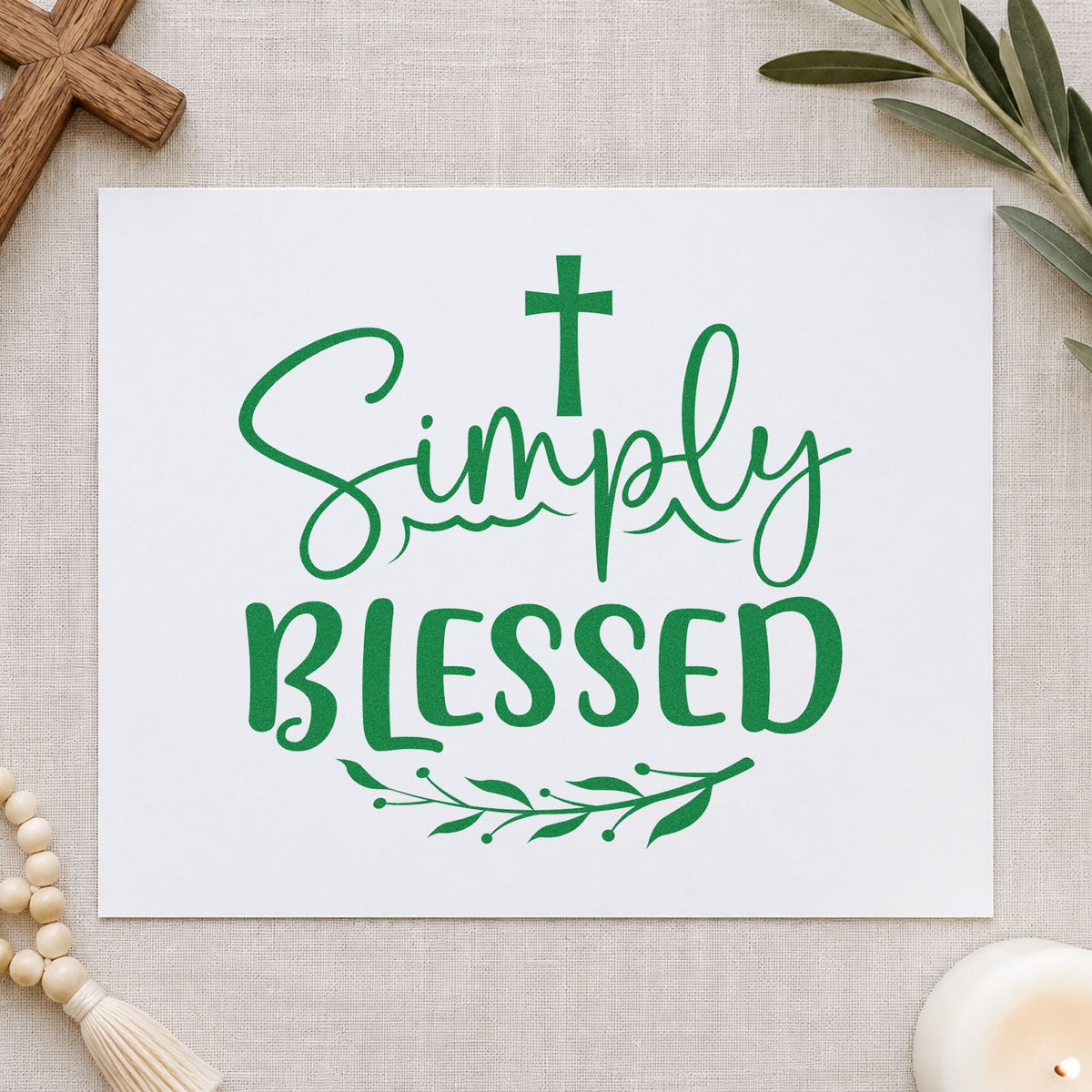 Simply Blessed Leaves craft stamp imprint in green ink on a handmade project, one idea being housewarming tags.