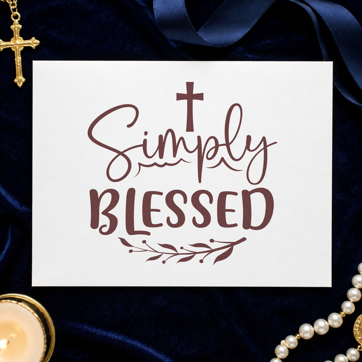 Simply Blessed Leaves rubber stamp printed in brown ink, ready for gratitude scrapbooks and similar paper crafts.