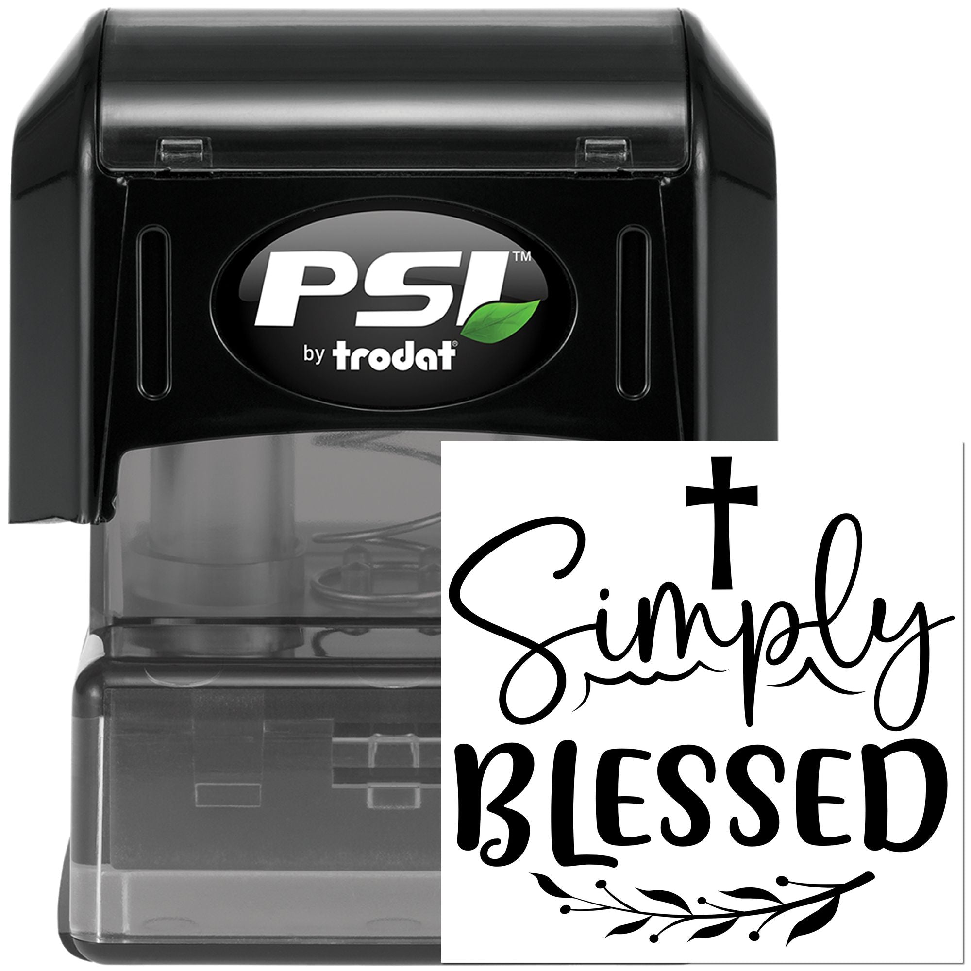 Simply Blessed self-inking rubber stamp by PSI Trodat, ideal for Christian crafts, cards, and packaging.