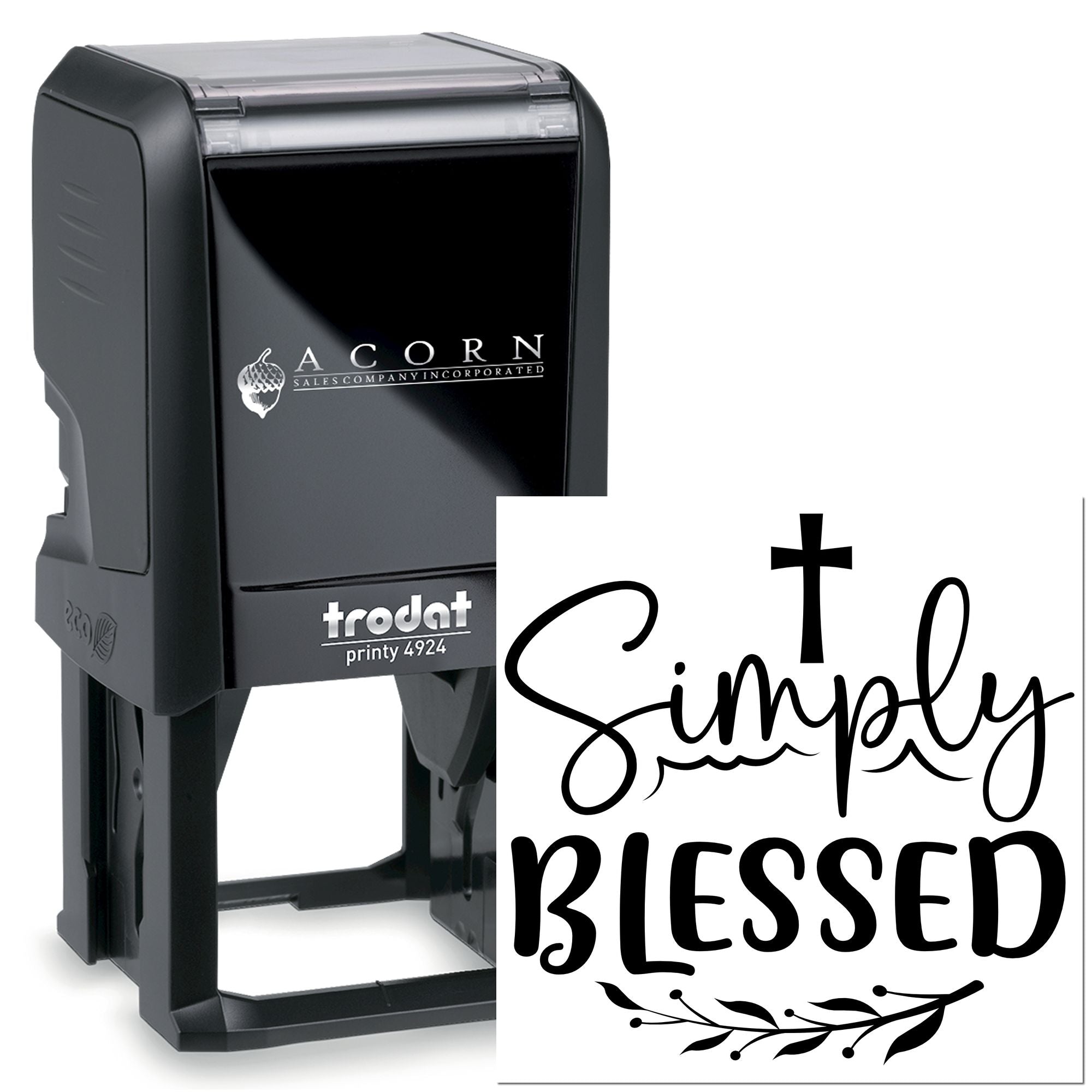 Trodat Printy 4924 self-inking rubber stamp with custom Simply Blessed faith design for personal or church use.