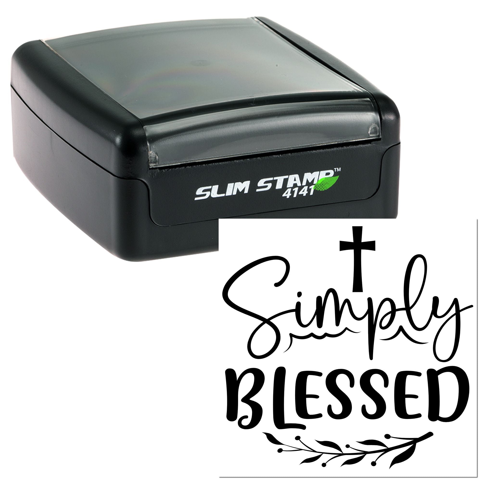 Black self-inking rubber stamp, Slim Stamp 4141, with Simply Blessed faith design and cross for custom stamping.