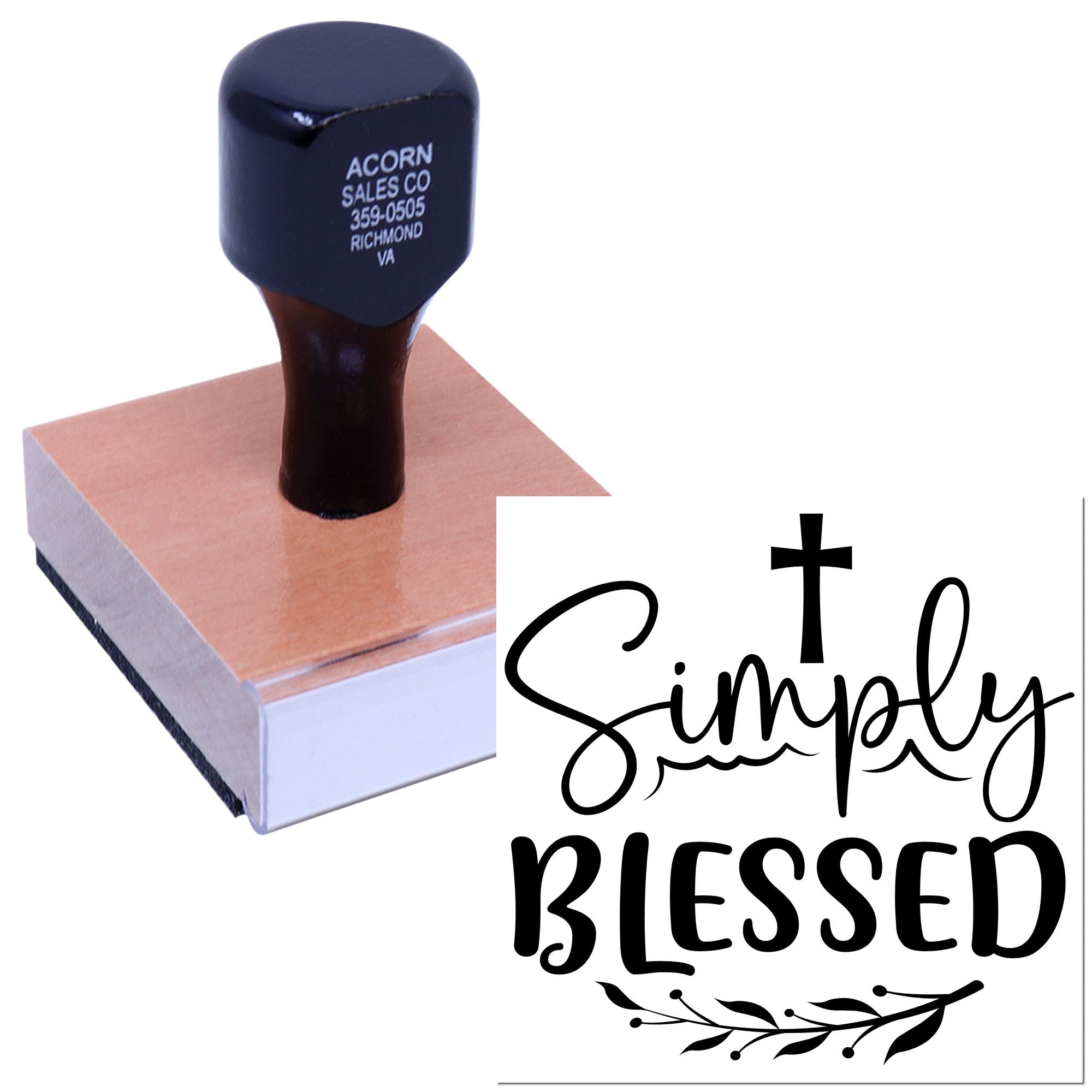 Custom rubber stamp with Simply Blessed design for faith-based cards, crafts, and packaging.