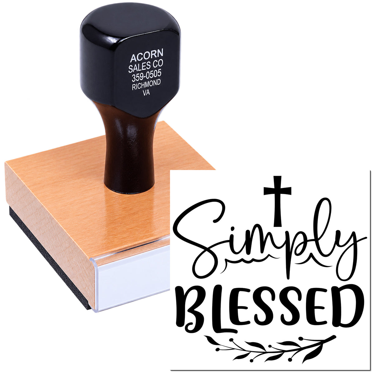 Custom rubber stamp with Simply Blessed design for faith-based cards, crafts, and packaging.