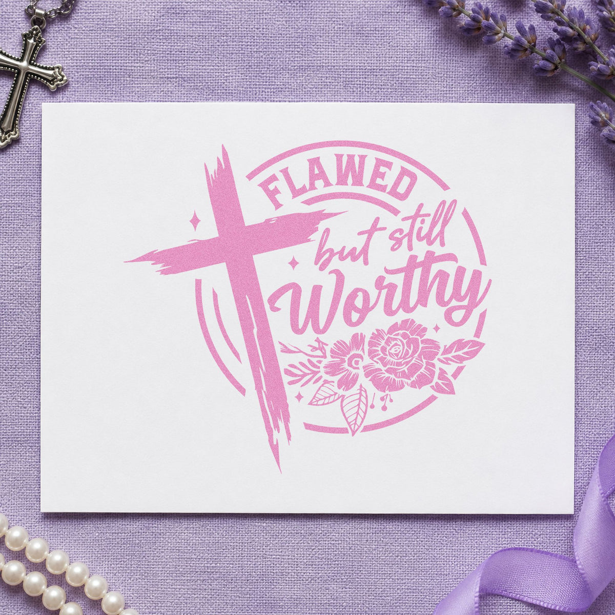 Flawed but Still Worthy craft stamp in purple ink on cardstock, an easy option for recovery milestones.