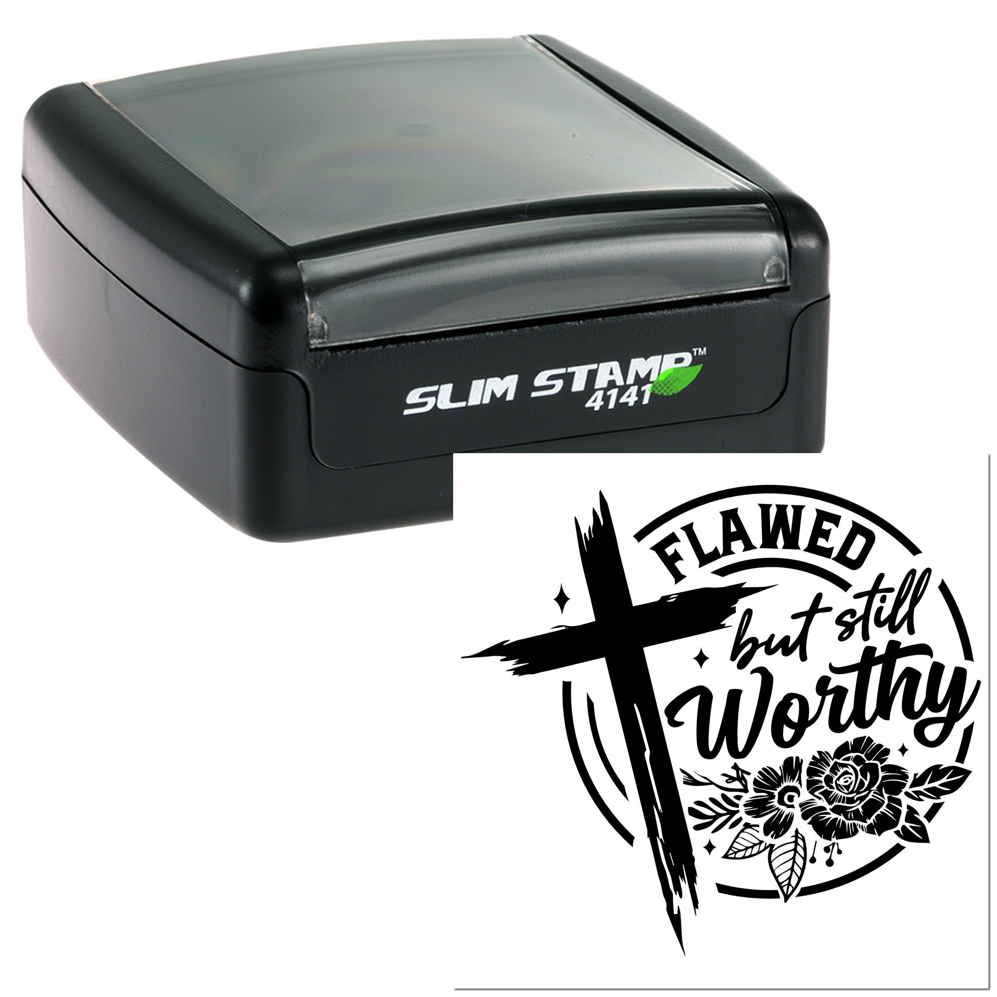 Slim Stamp 4141 custom rubber stamp with Flawed but still worthy cross and floral design for faith-based crafting.