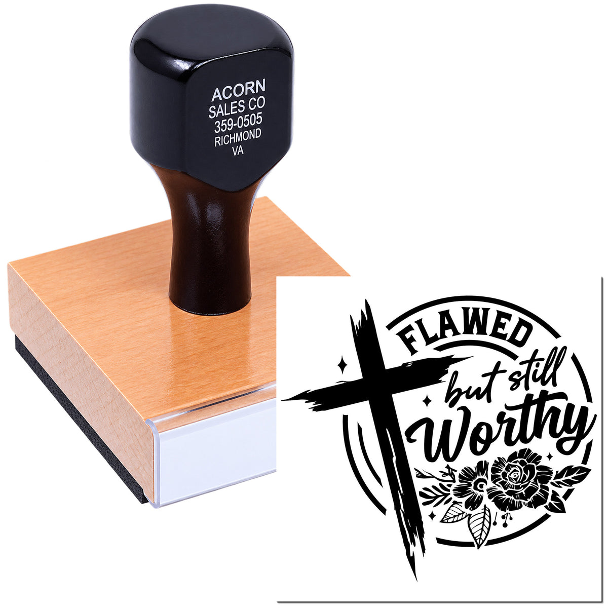 Custom rubber stamp with Flawed but still worthy cross and floral design on wood base for faith-based crafts.