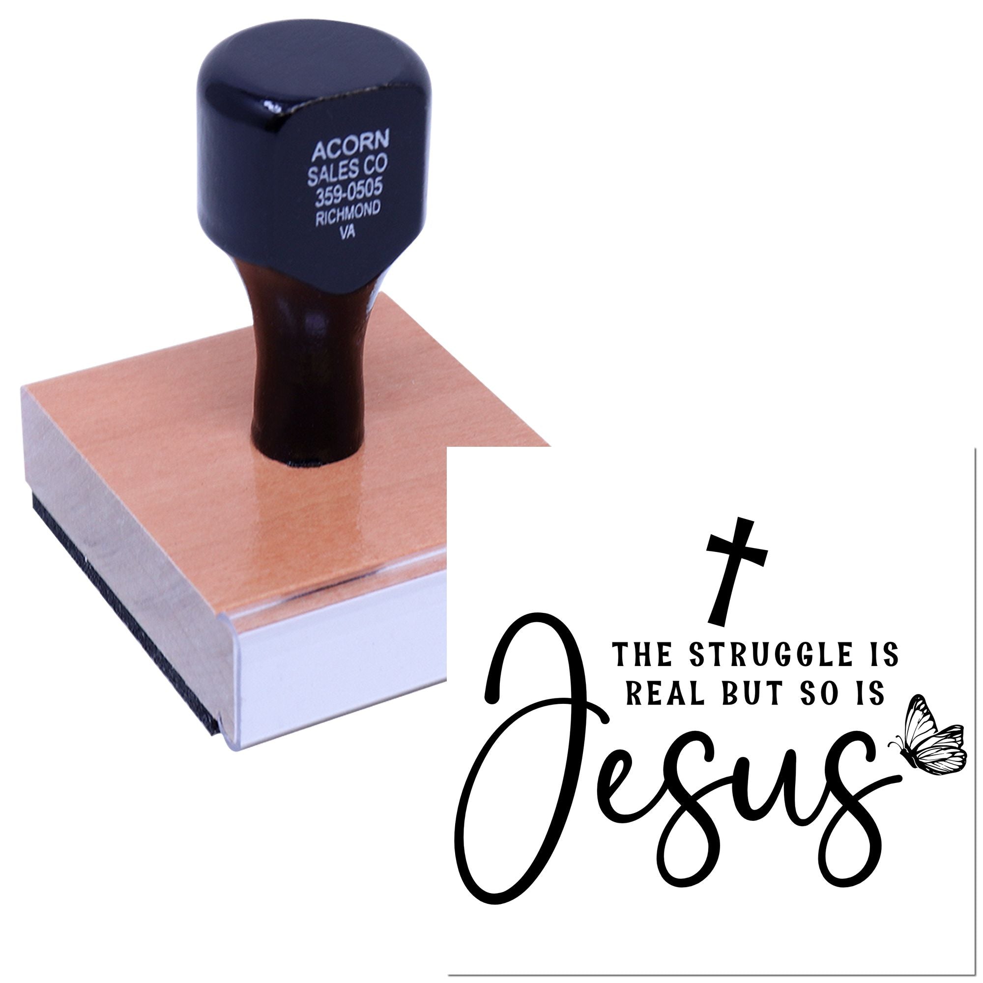 Custom Christian rubber stamp for faith-based crafts, featuring The struggle is real but so is Jesus with cross.