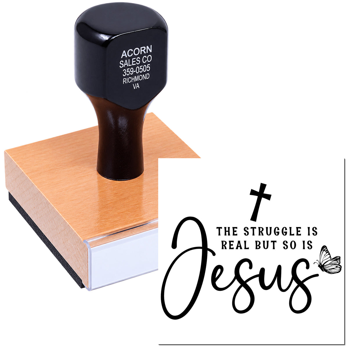 Custom Christian rubber stamp for faith-based crafts, featuring The struggle is real but so is Jesus with cross.