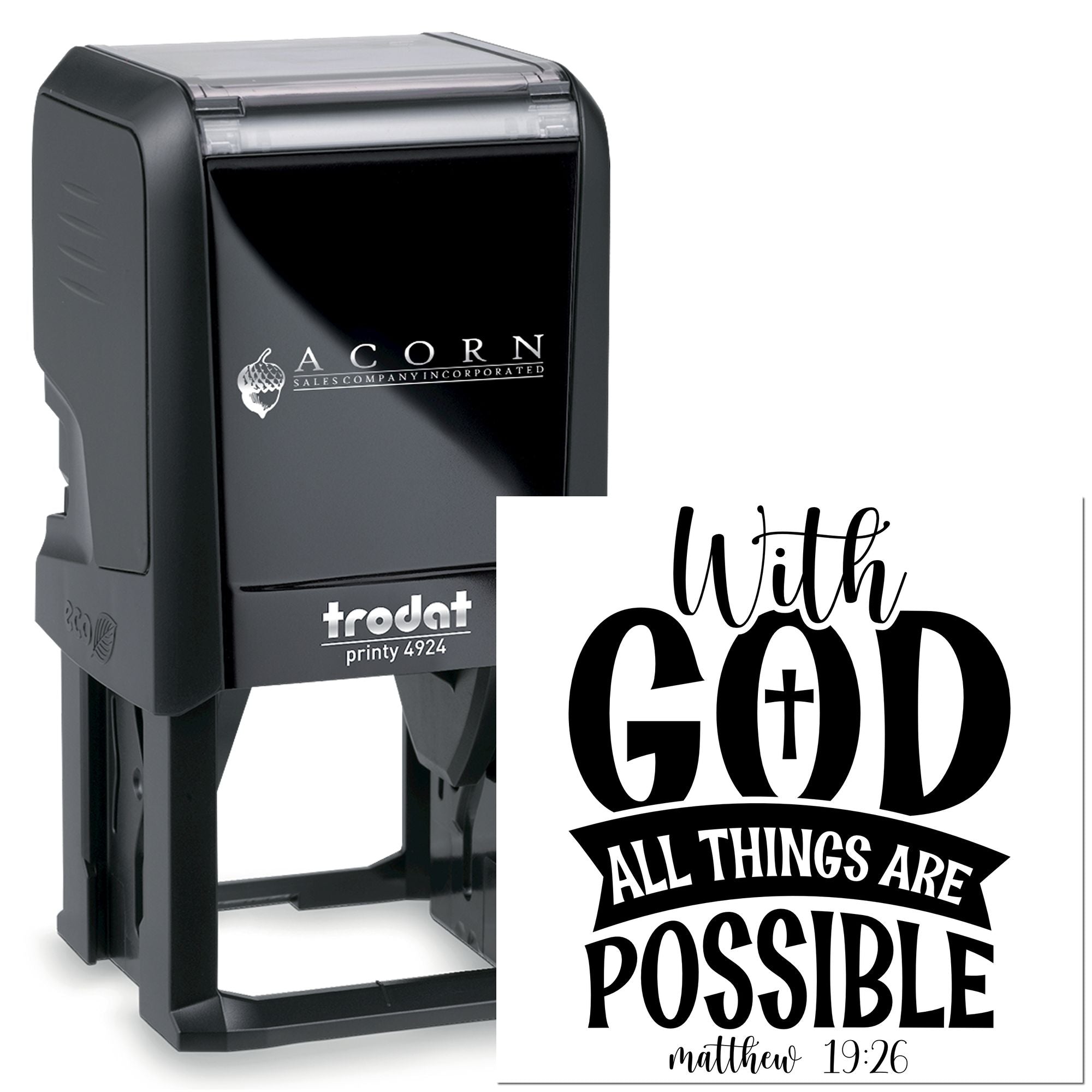 Custom Christian self-inking rubber stamp with With God all things are possible Matthew 19:26 design, Trodat Printy 4924.