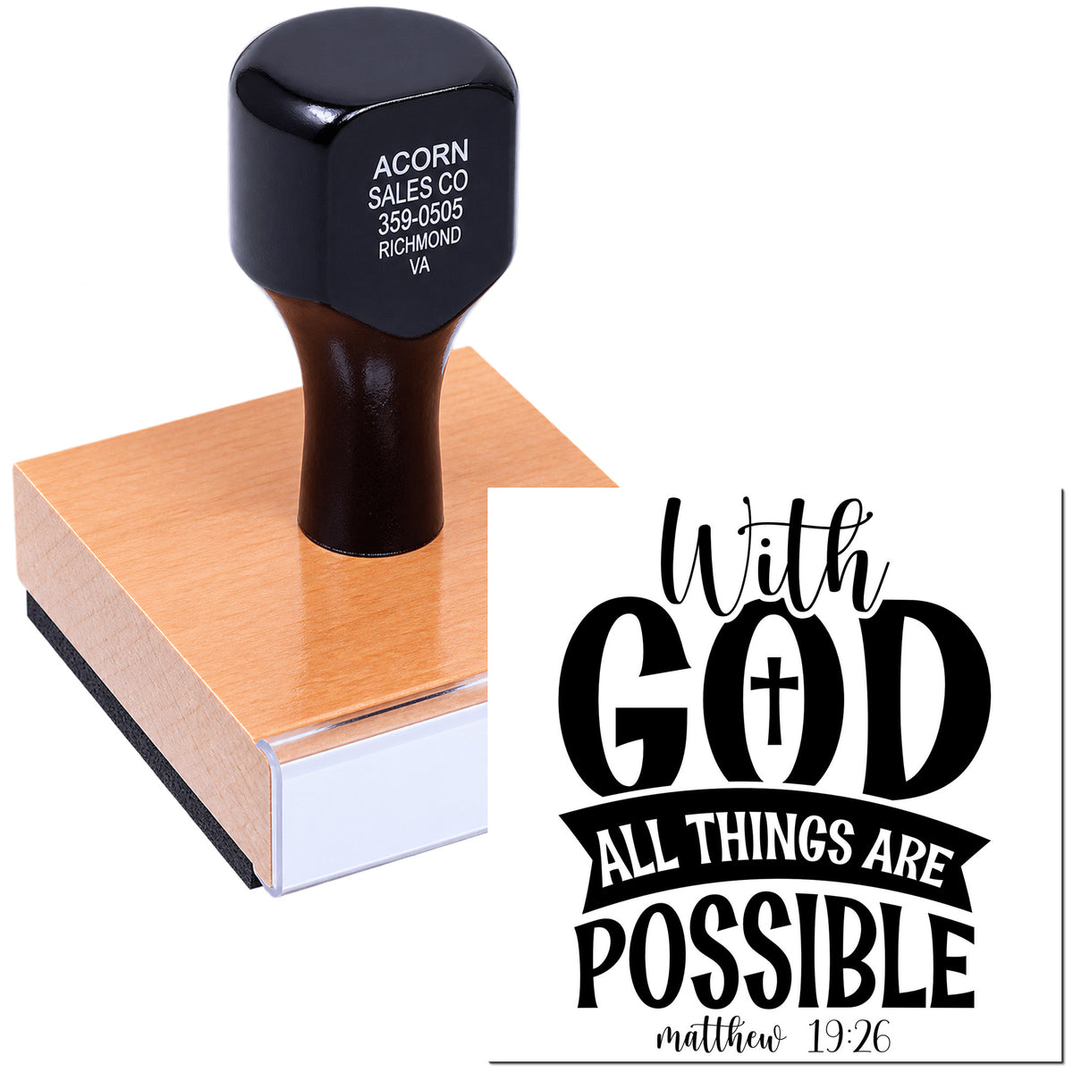 Custom Christian rubber stamp with With God All Things Are Possible Bible verse design for faith-based crafts and cards.
