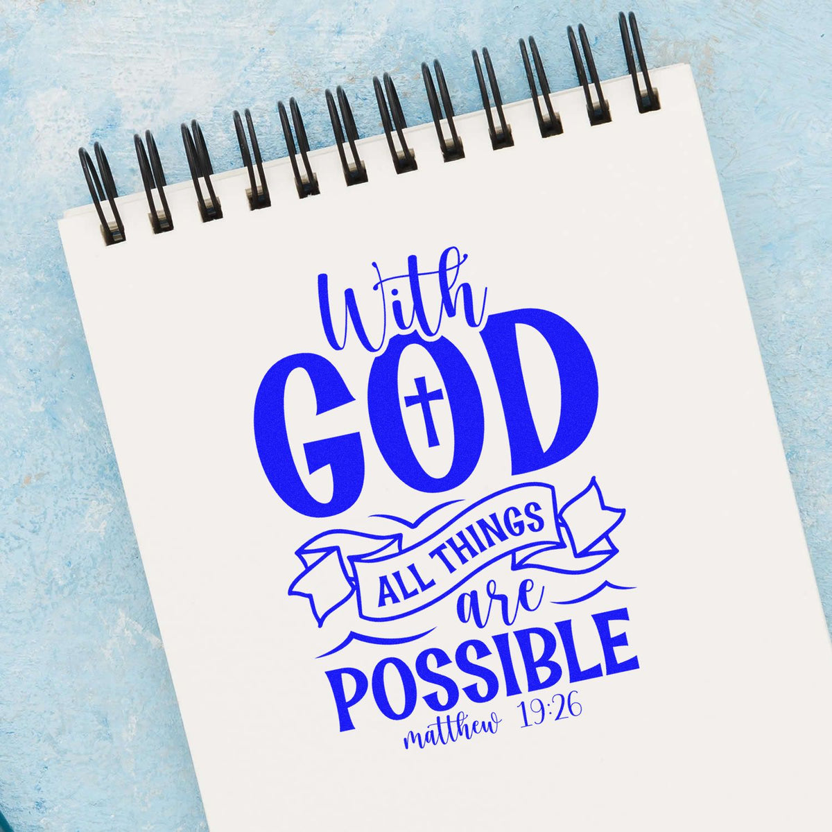 With God Possible Outline Banner rubber stamp shown in blue ink, stamped for projects such as birthday cards.