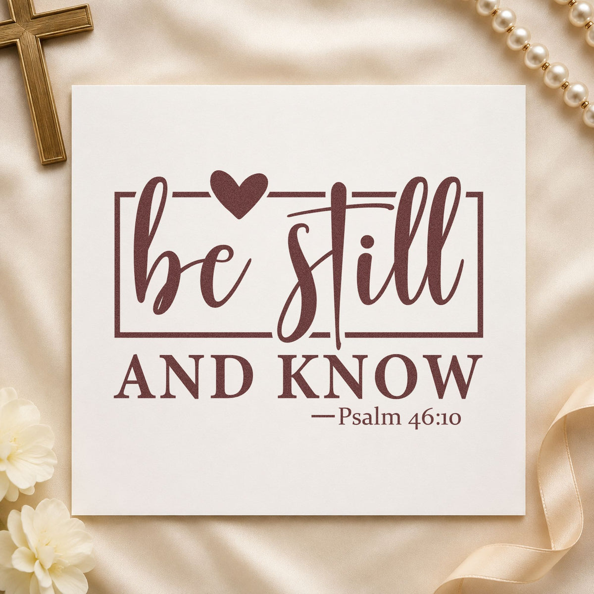 Be Still Heart Frame rubber stamp printed in brown ink, ready for rest scrapbooks and similar paper crafts.