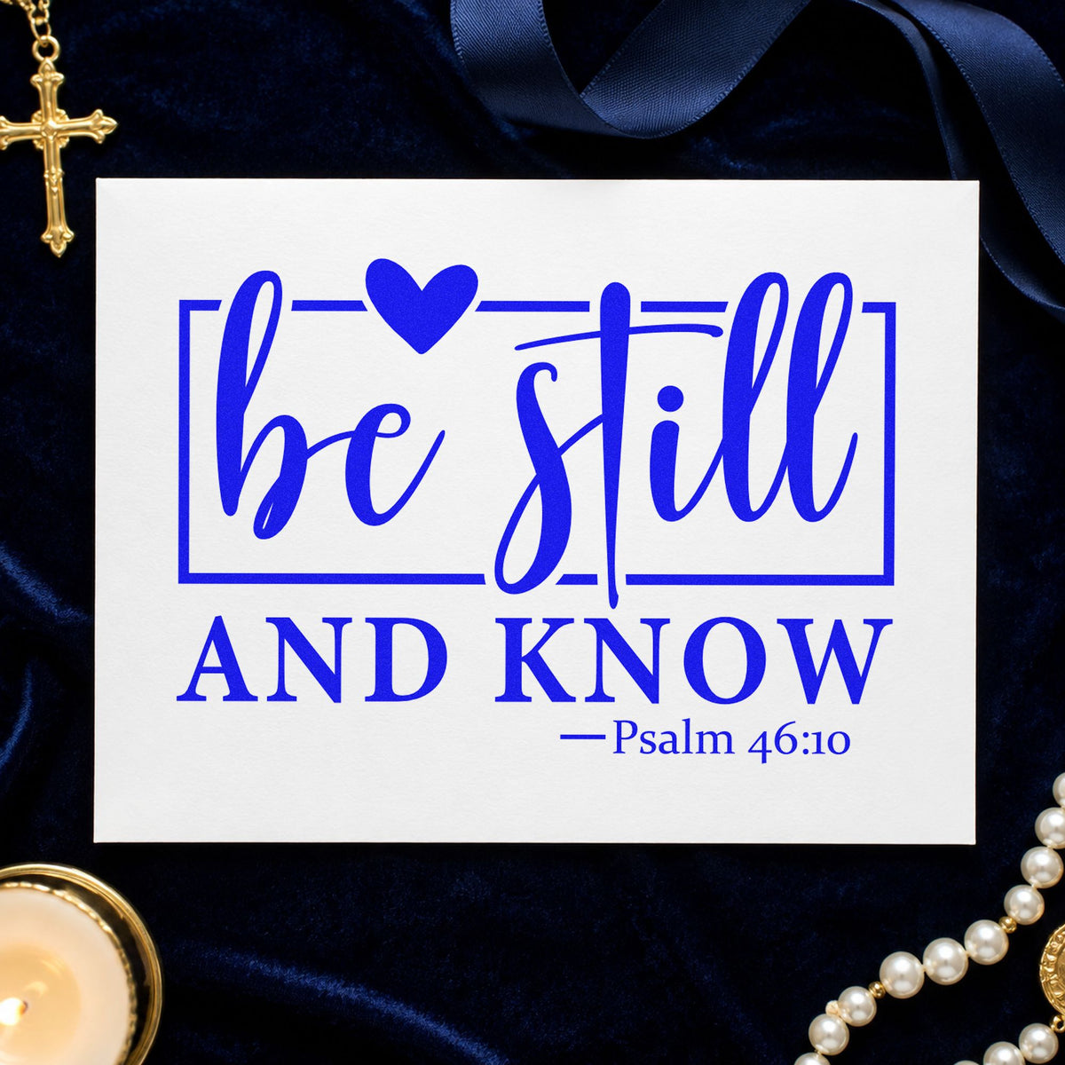 Be Still Heart Frame craft stamp imprinted in blue ink on paper, a design suited to burnout notes.
