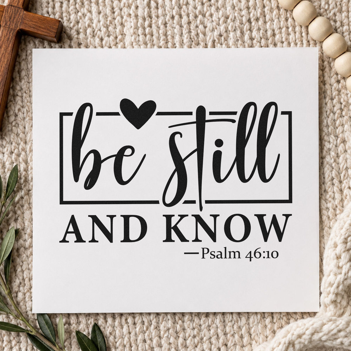 Be Still Heart Frame rubber stamp printed in black ink, ready for quiet frame cards and similar paper crafts.