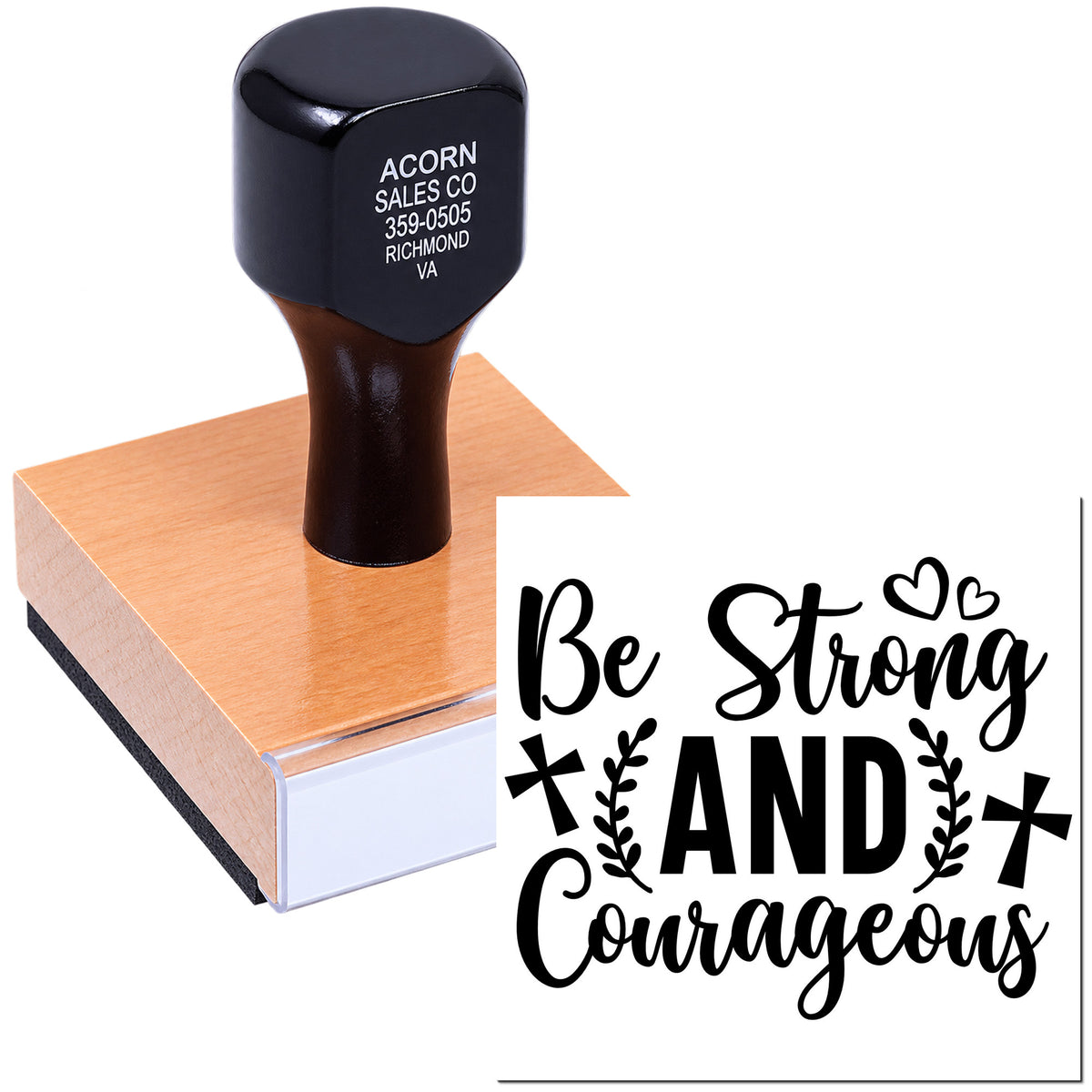 Christian rubber stamp with Be Strong and Courageous quote on a wooden handle and ink pad