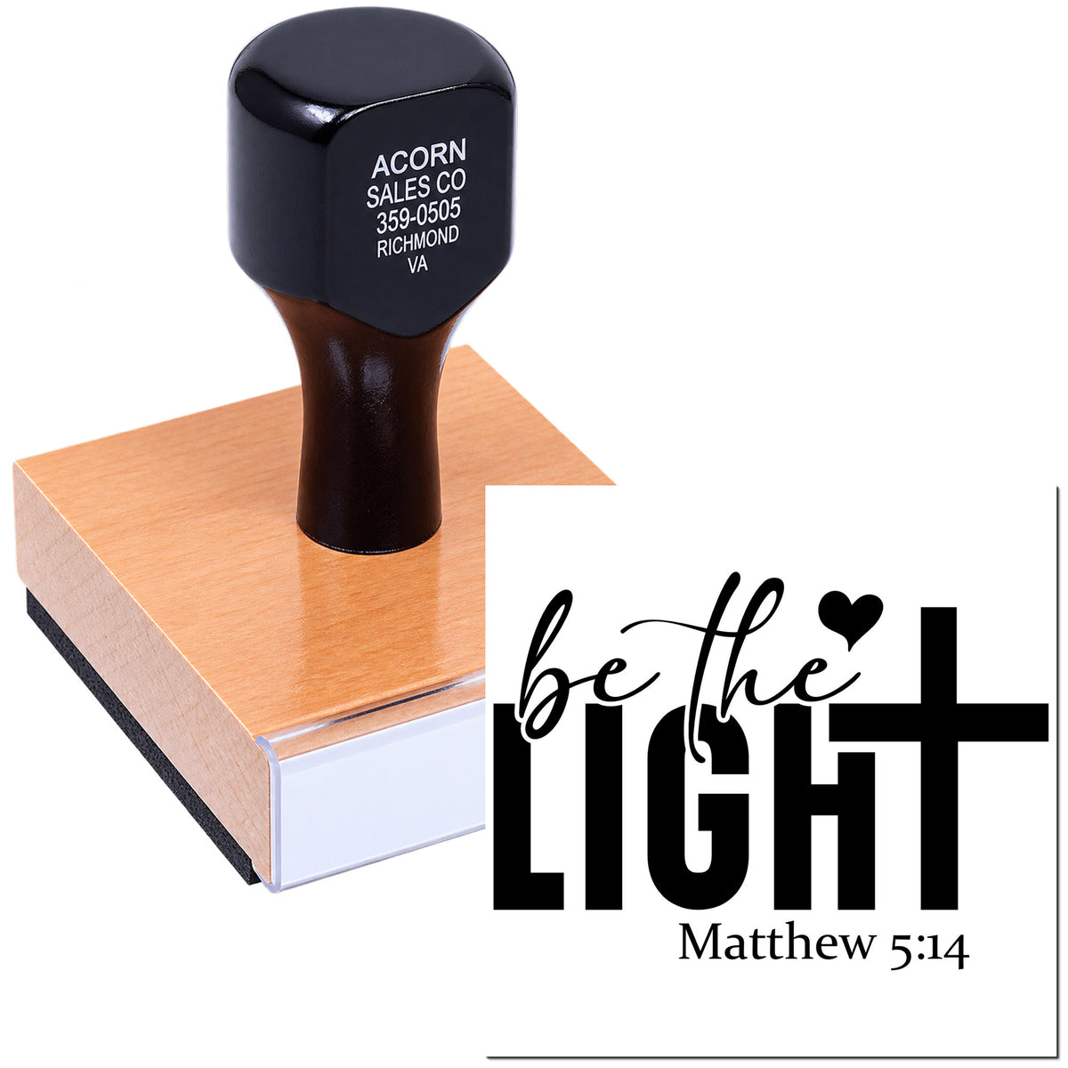 Custom rubber stamp with Be the Light Matthew 5:14 design for faith-based crafts, branding, and Bible verse stamping.