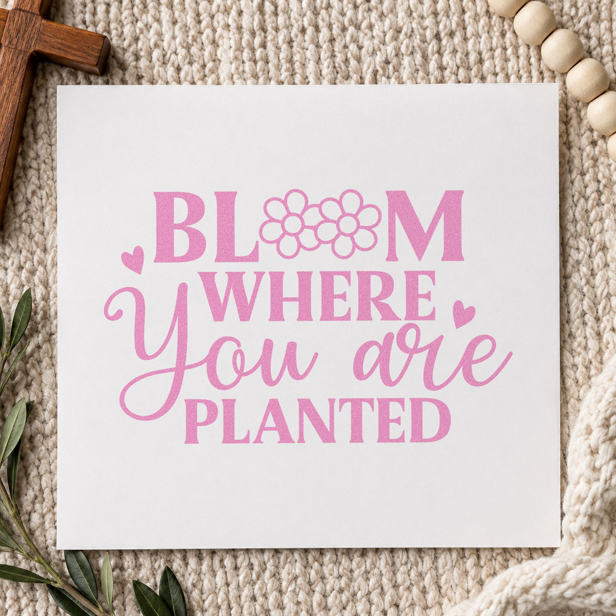 Bloom Where You Are Planted craft stamp in purple ink on cardstock, an easy option for new neighbor gifts.