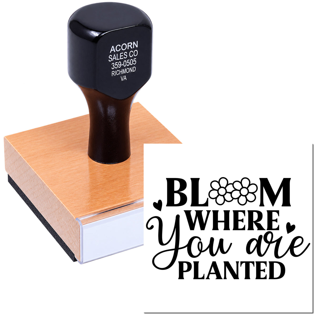 Bloom Where You Are Planted wood-mounted rubber stamp with floral design, ideal for inspirational crafting and custom stationery.