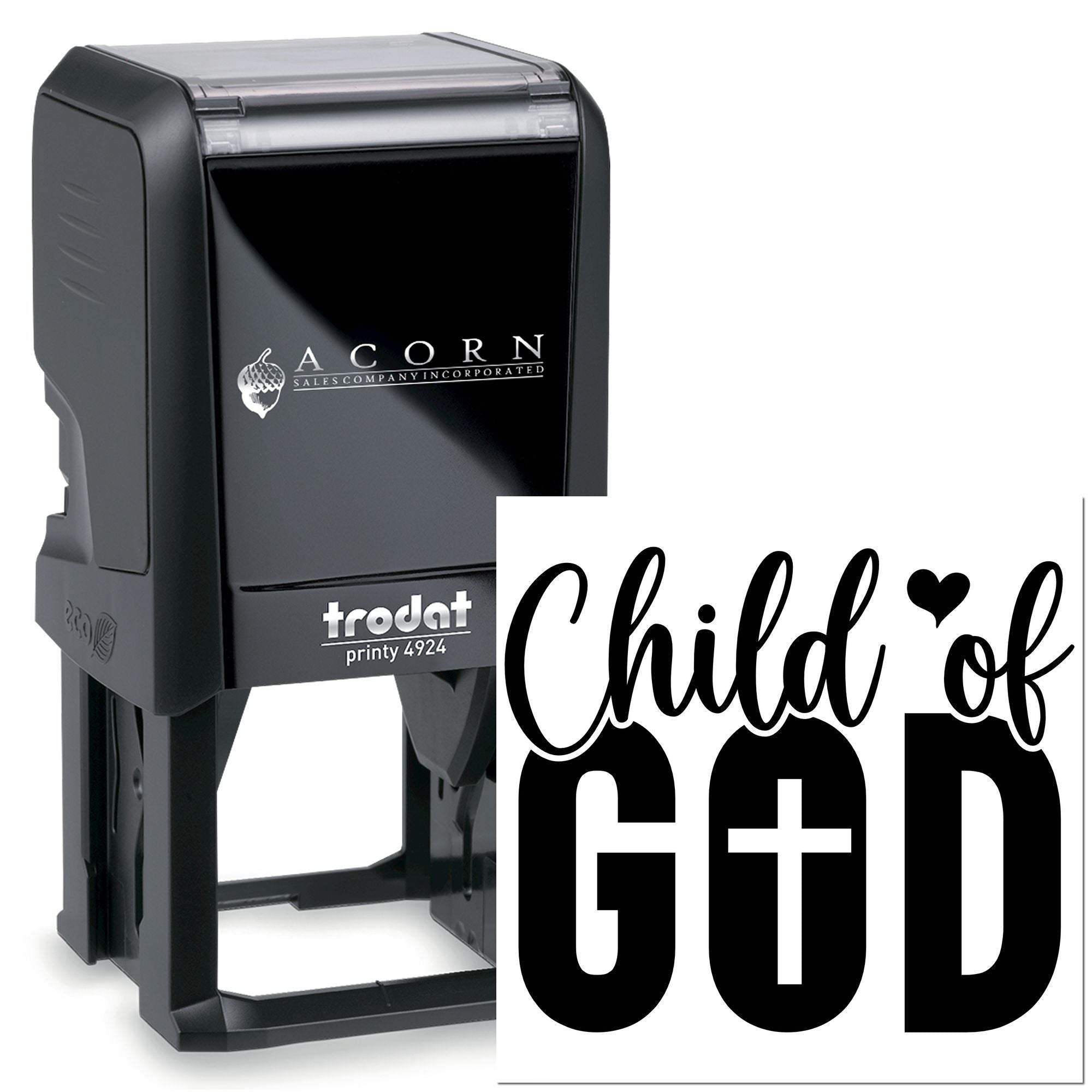 Trodat Printy 4924 custom self-inking rubber stamp with Child of God design for personalized faith-based use