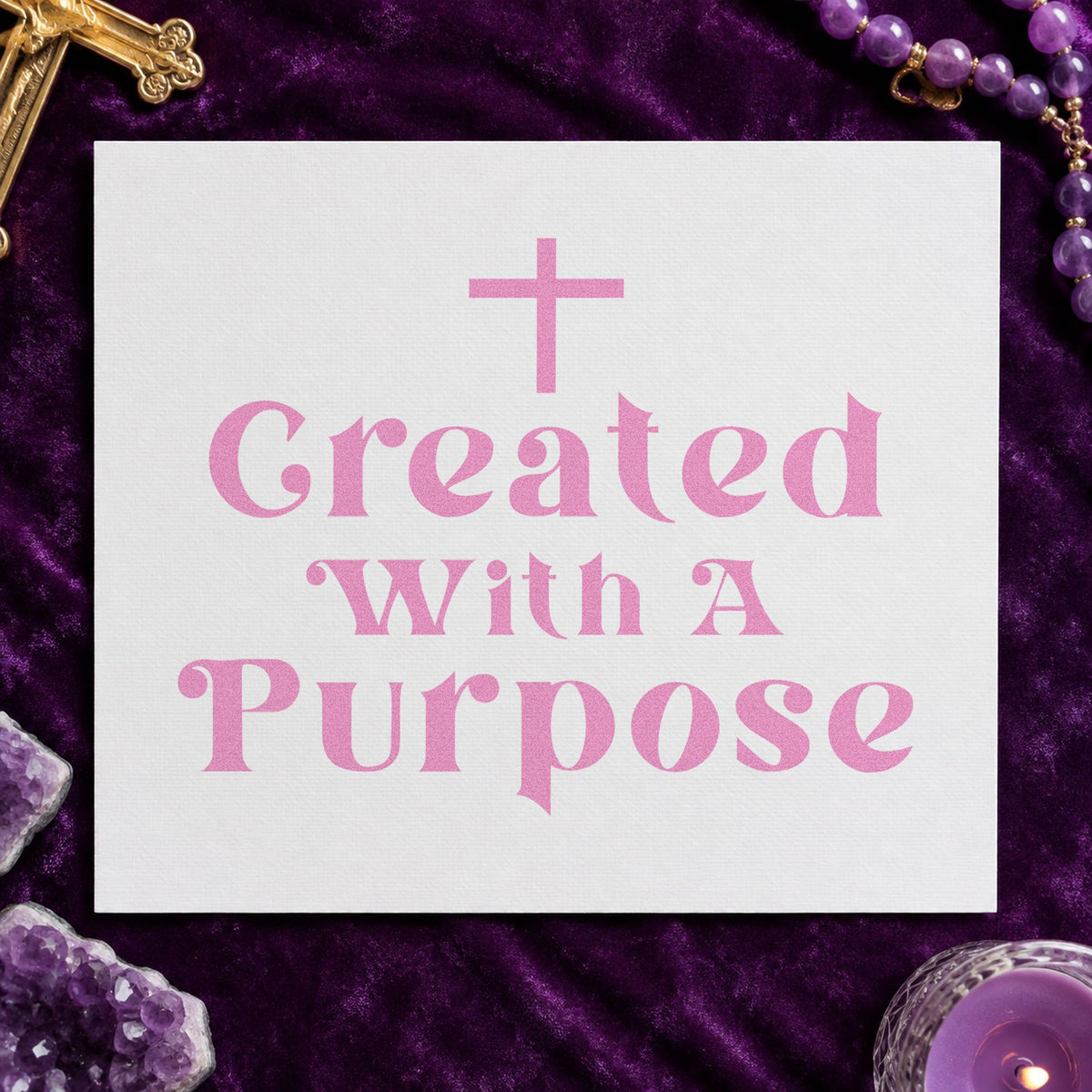 Created with a Purpose craft stamp in purple ink on cardstock, an easy option for birthday cards.