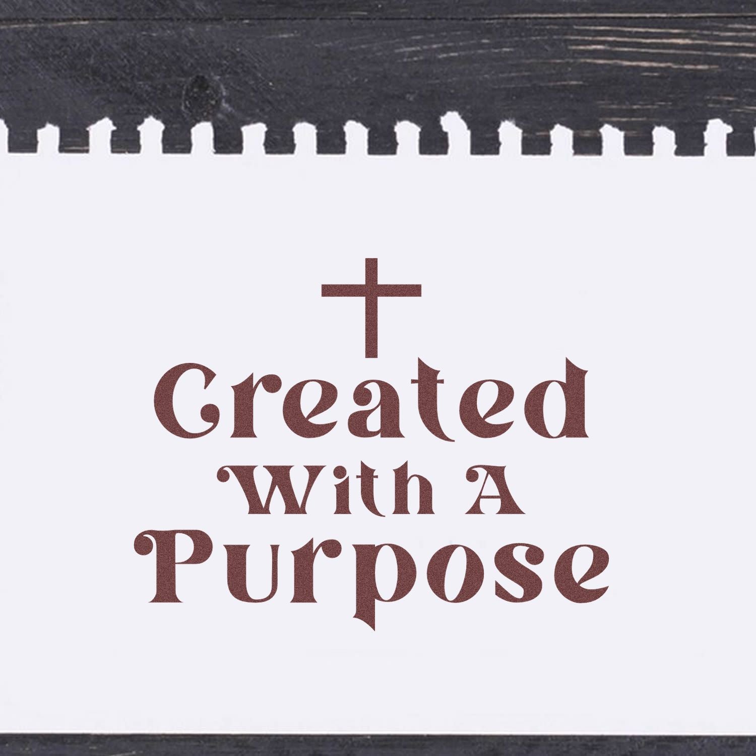 Christian rubber stamp design with cross and Created With A Purpose text for faith-based crafts.