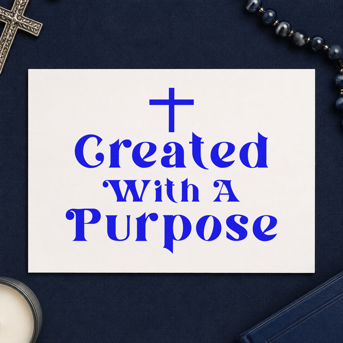 Created with a Purpose craft stamp in blue ink on cardstock, an easy option for identity scrapbooks.
