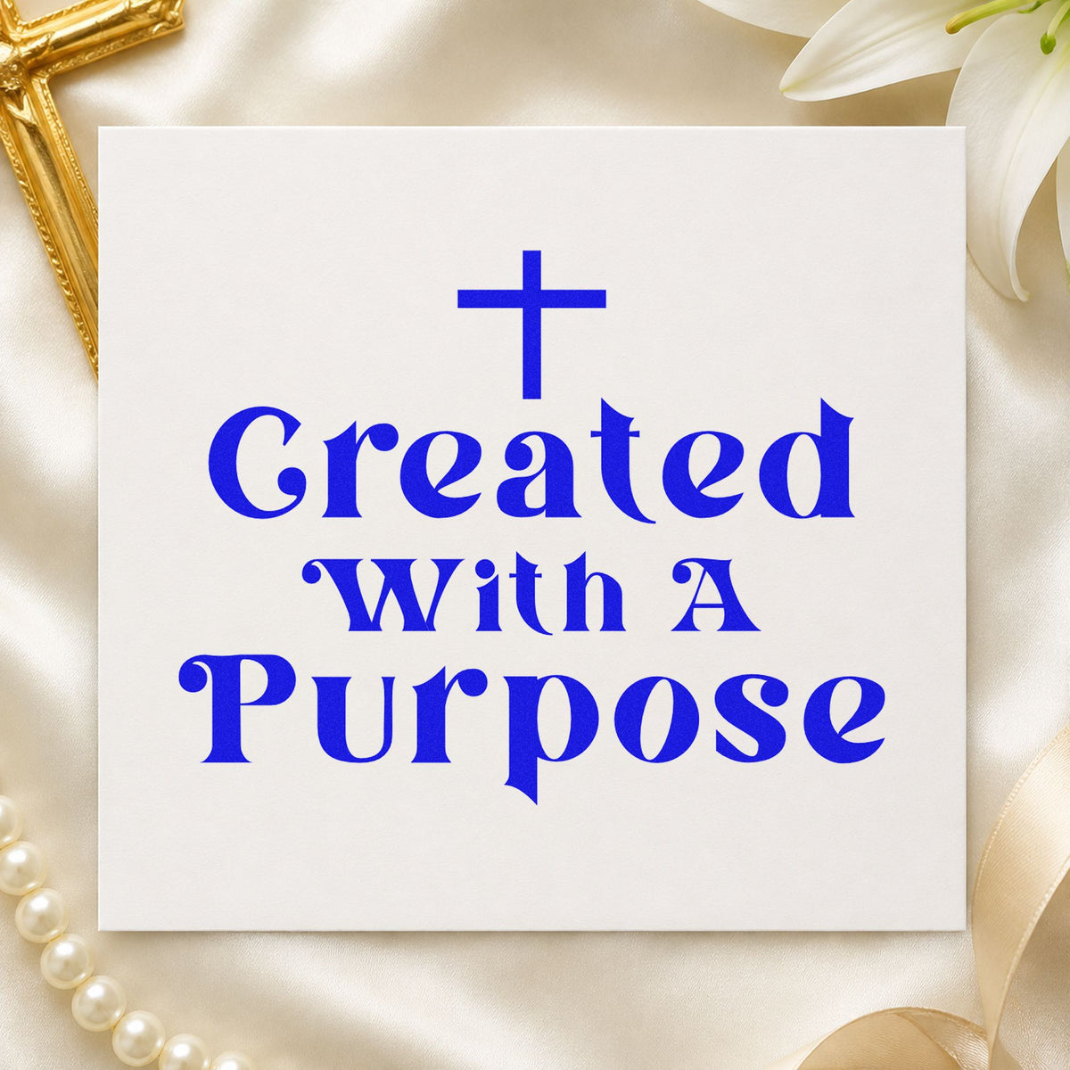 Created with a Purpose craft stamp imprinted in blue ink on paper, a design suited to canvas totes.