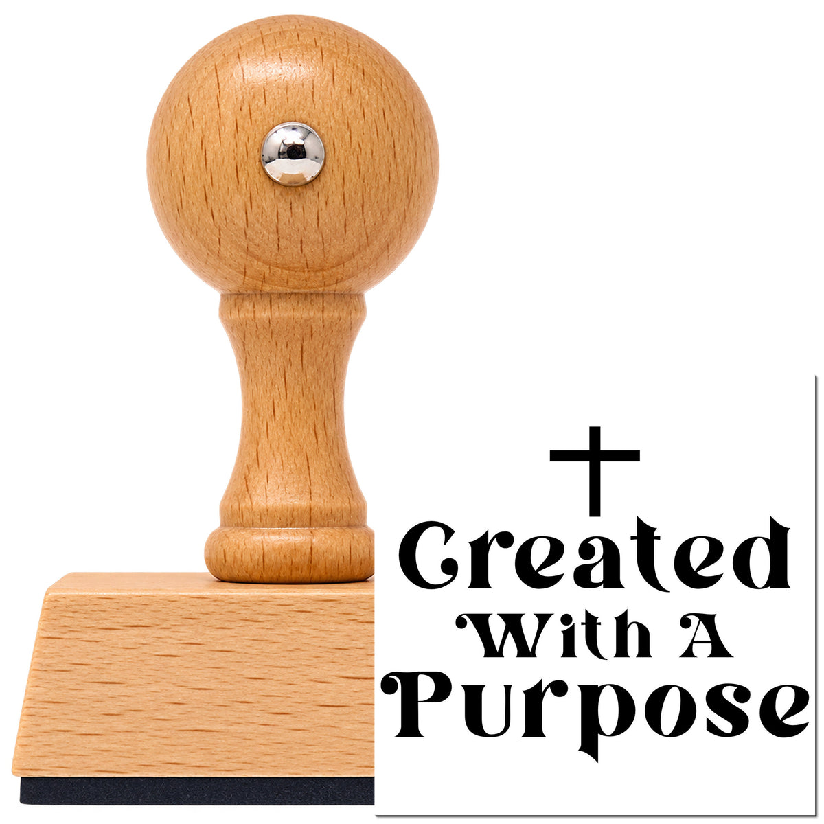 Created With A Purpose Cross Accent Vintage Pro rubber stamp in European beech wood with a round knob handle, shown beside its black imprint.
